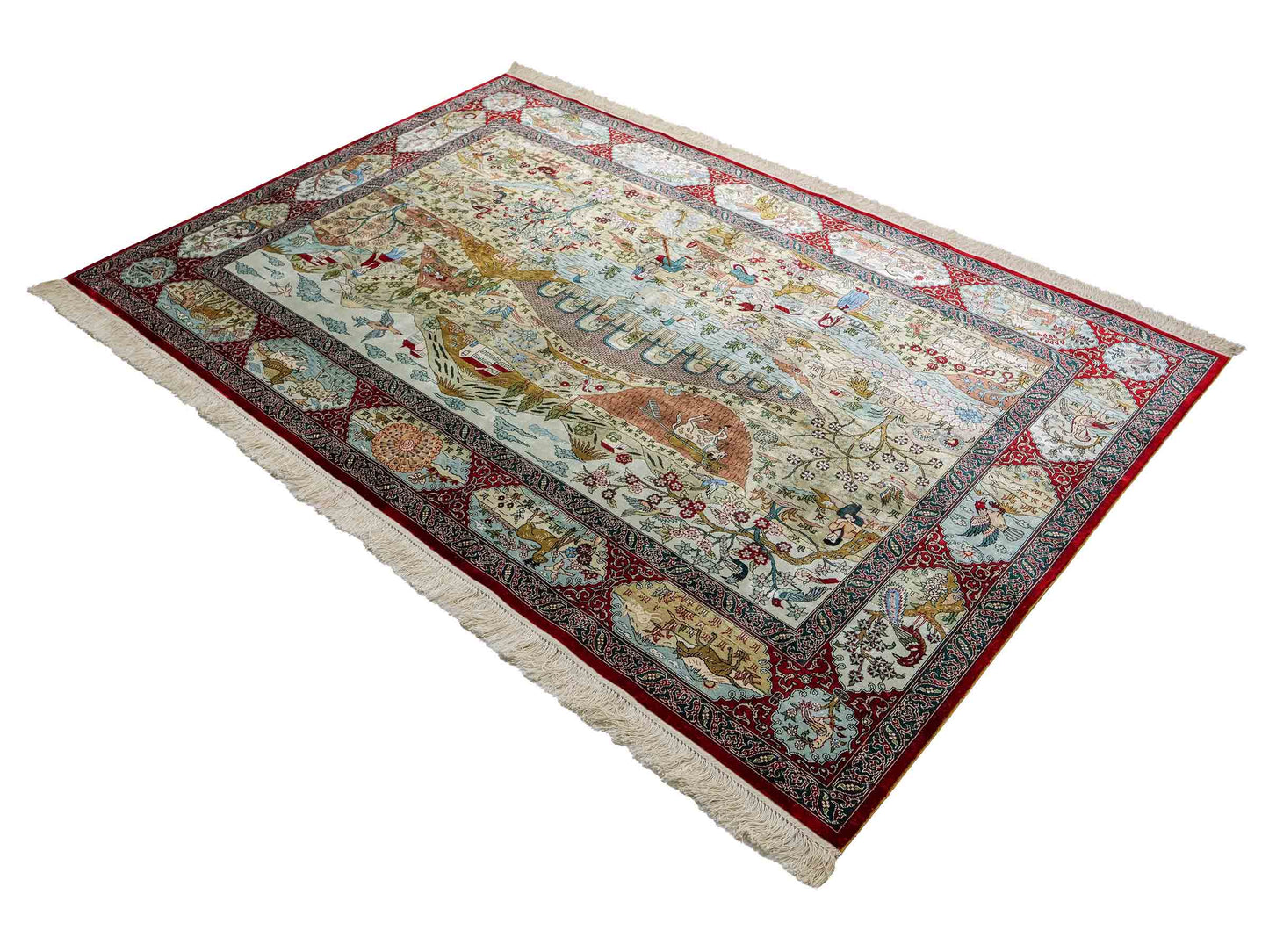 Sehr feiner, handgeknüpfter Khademi Orientteppich mit Ghom Design aus reiner Seide, rot, multicolor. 189x125 cm. Vertrieb durch Jupiter Intl.