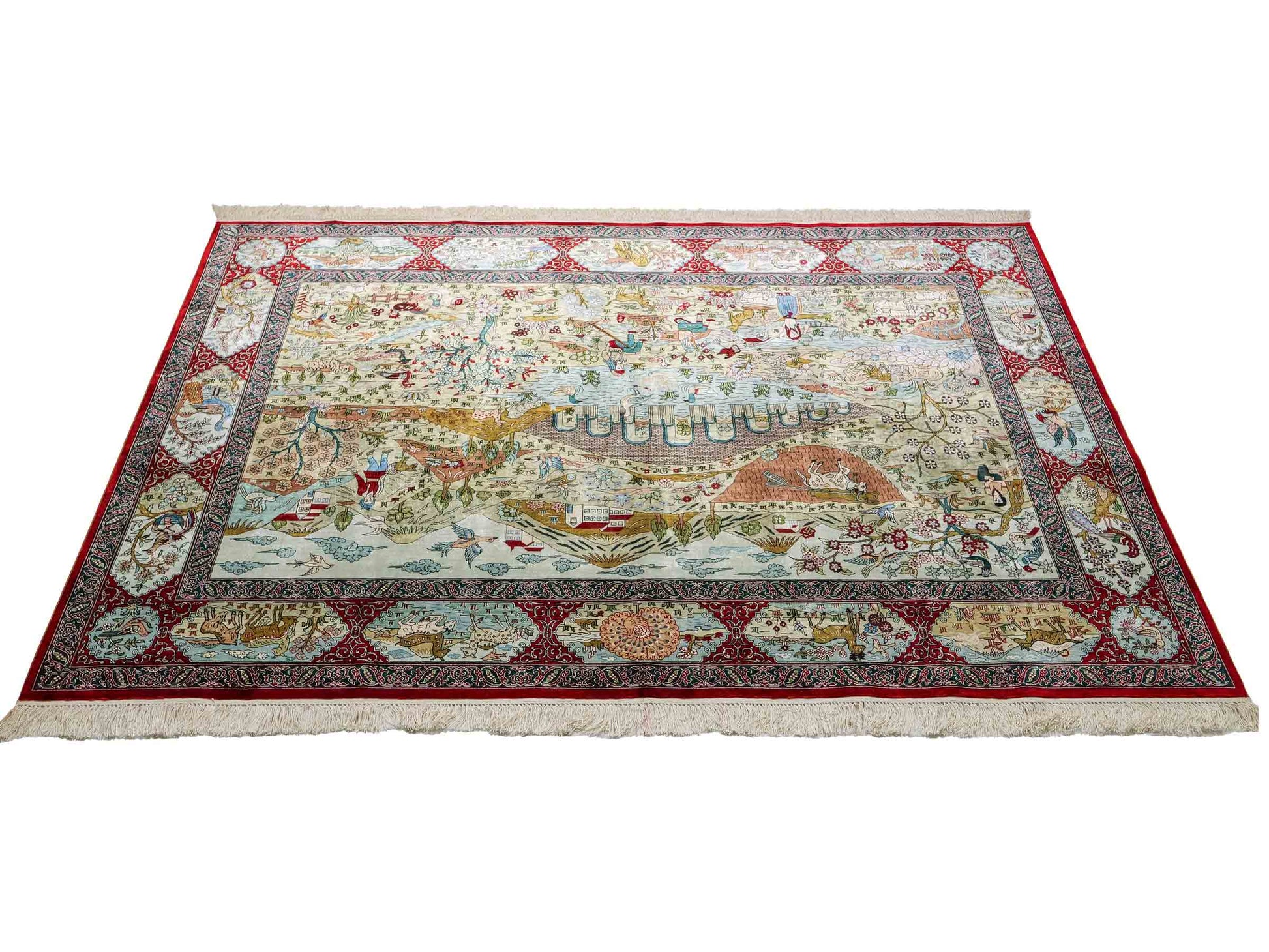 Sehr feiner, handgeknüpfter Khademi Orientteppich mit Ghom Design aus reiner Seide, rot, multicolor. 189x125 cm. Vertrieb durch Jupiter Intl.