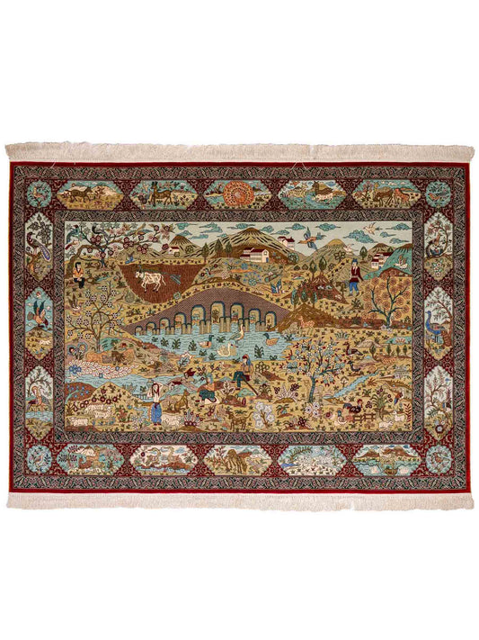 Sehr feiner, handgeknüpfter Khademi Orientteppich mit Ghom Design aus reiner Seide, rot, multicolor. 190x124 cm. Vertrieb durch Jupiter Intl.
