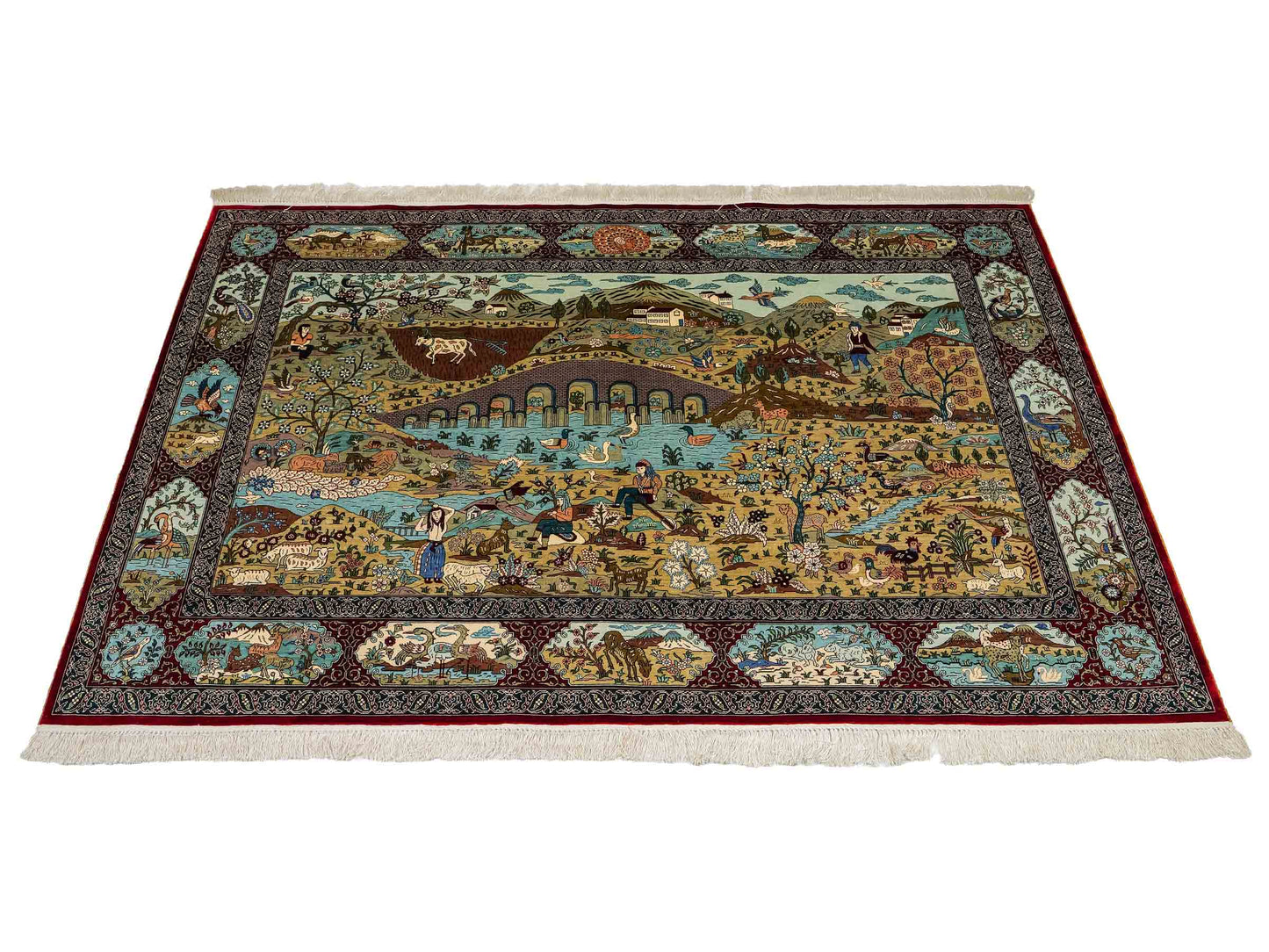 Sehr feiner, handgeknüpfter Khademi Orientteppich mit Ghom Design aus reiner Seide, rot, multicolor. 190x124 cm. Vertrieb durch Jupiter Intl.