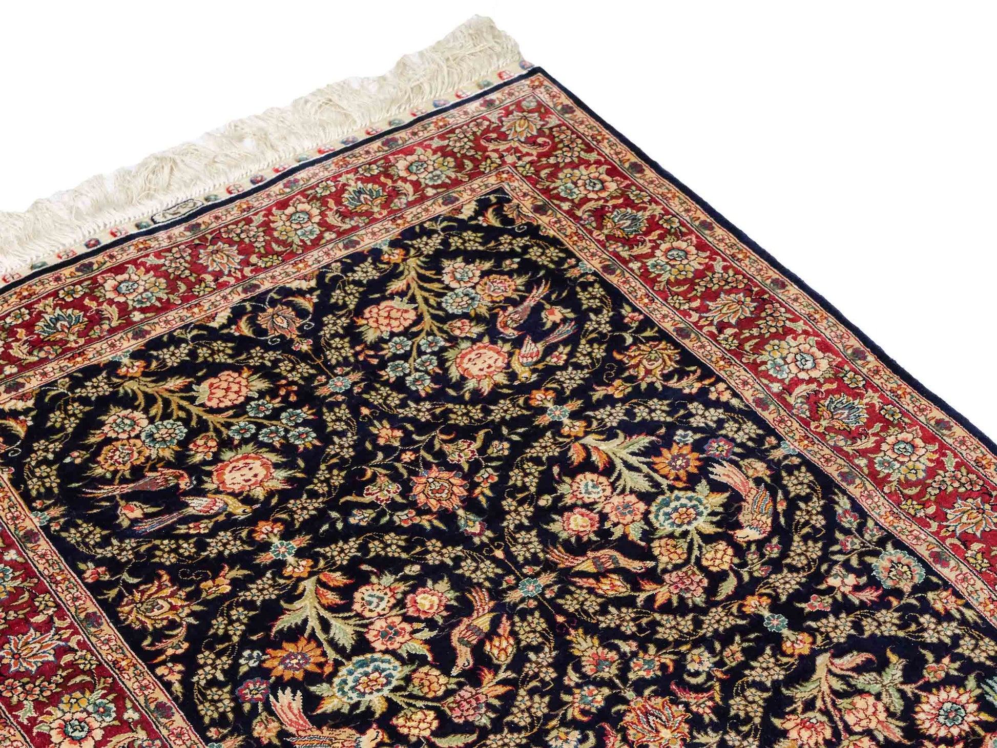 Sehr feiner, handgeknüpfter Khademi Orientteppich Läufer mit Ghom Design aus reiner Seide, blau, rot. 240x80 cm. Vertrieb durch Jupiter Intl.