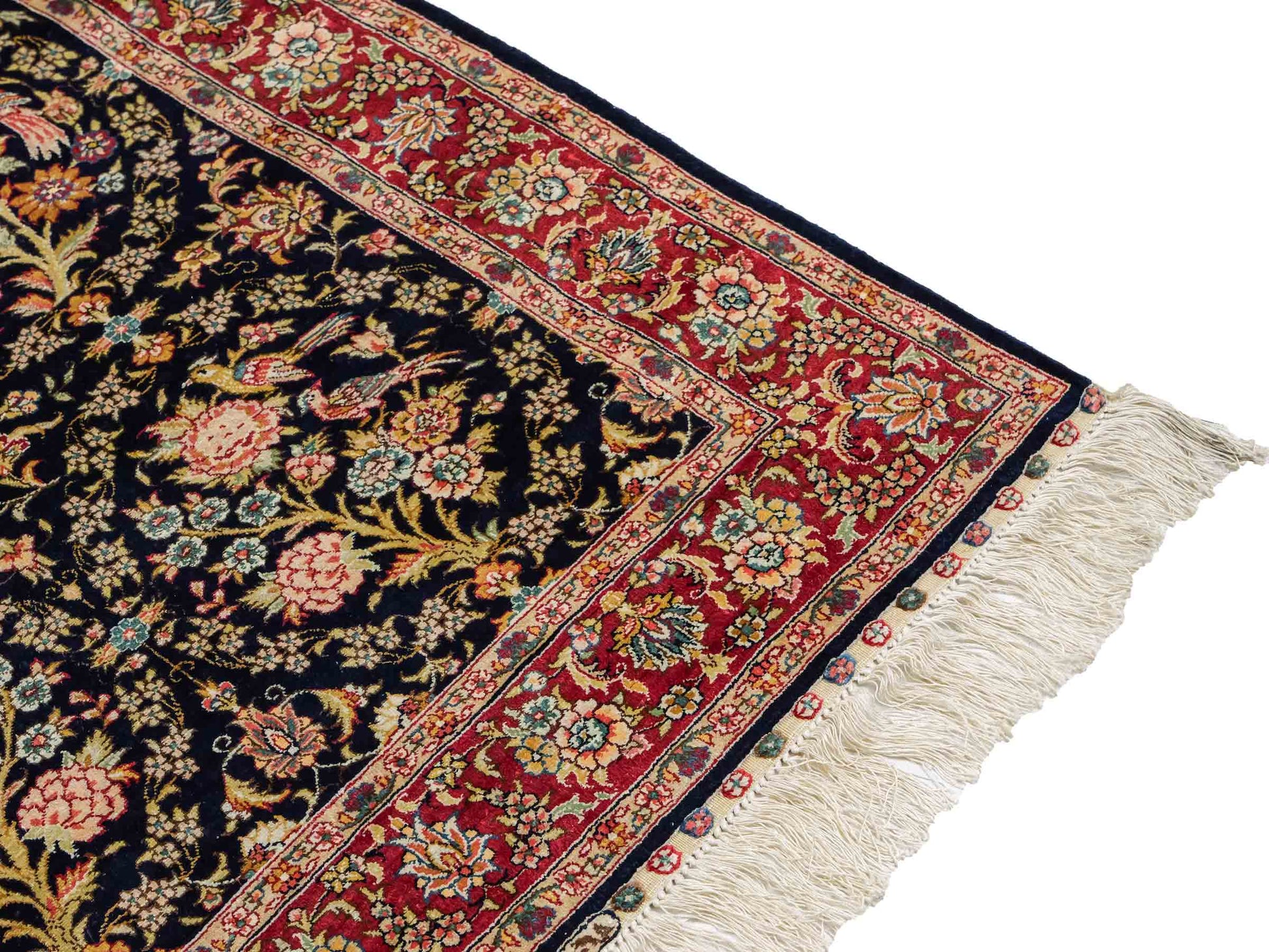 Sehr feiner, handgeknüpfter Khademi Orientteppich Läufer mit Ghom Design aus reiner Seide, blau, rot. 240x80 cm. Vertrieb durch Jupiter Intl.