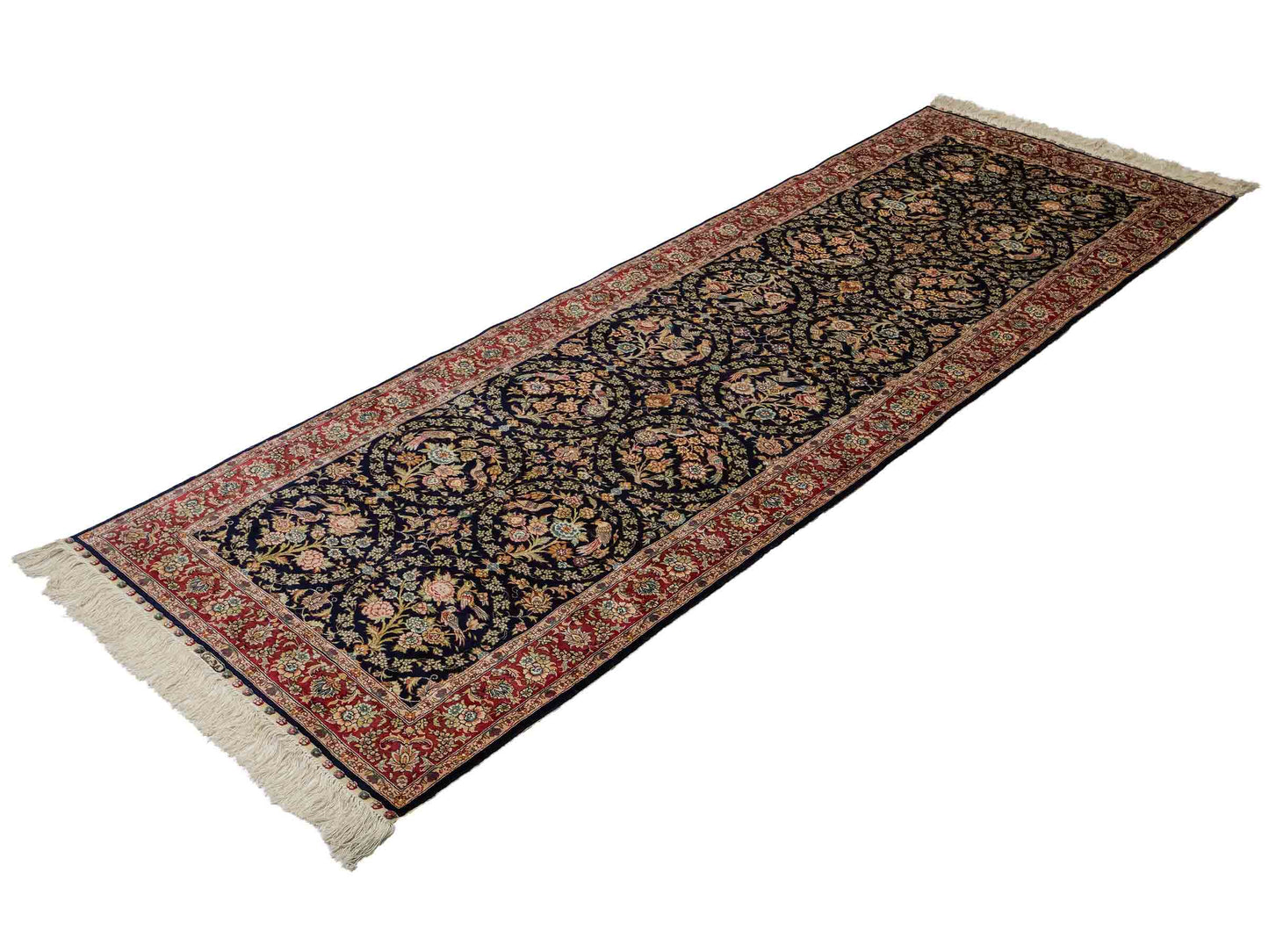 Sehr feiner, handgeknüpfter Khademi Orientteppich Läufer mit Ghom Design aus reiner Seide, blau, rot. 240x80 cm. Vertrieb durch Jupiter Intl.