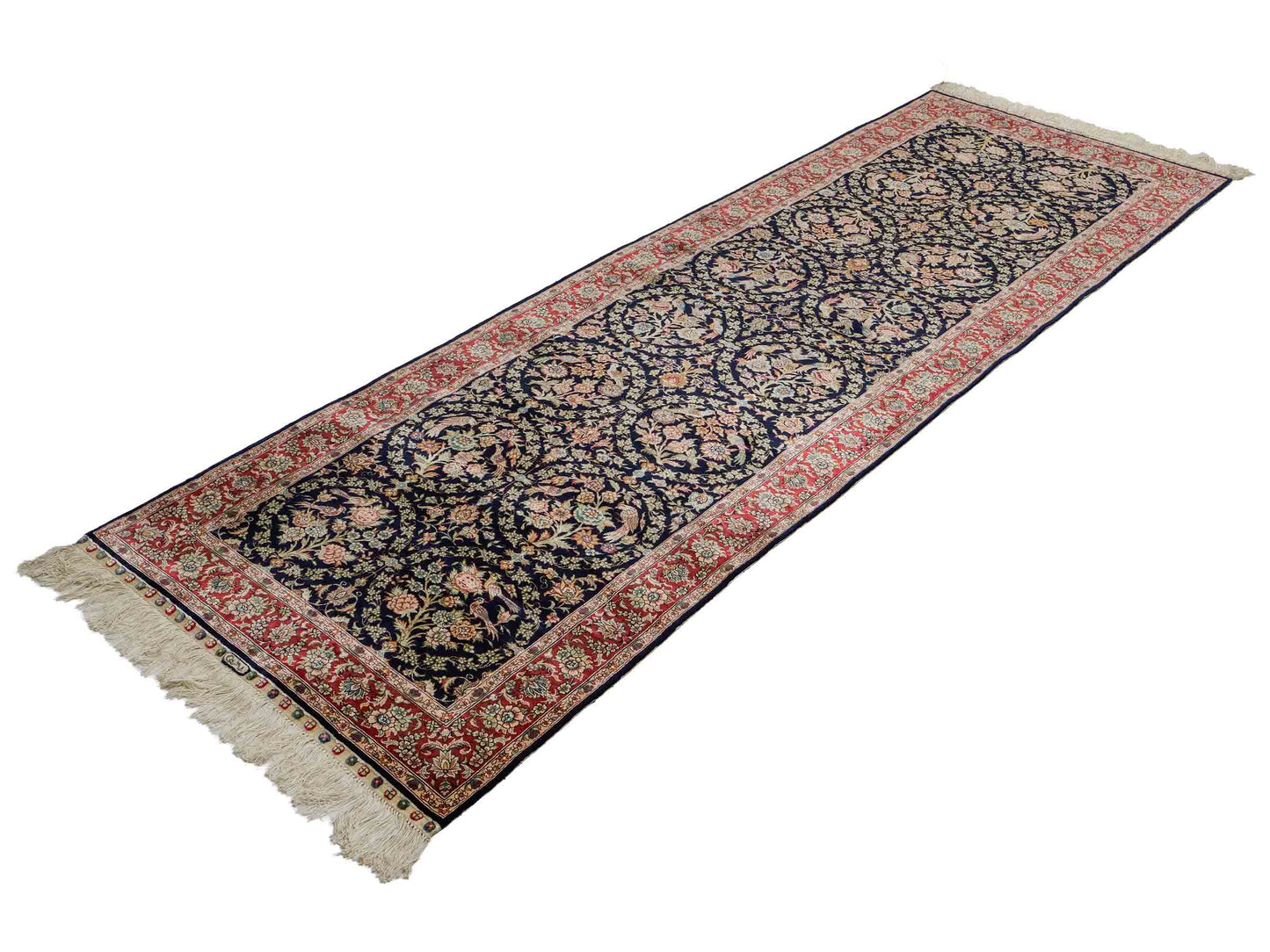 Sehr feiner, handgeknüpfter Khademi Orientteppich Läufer mit Ghom Design aus reiner Seide, blau, rot. 240x80 cm. Vertrieb durch Jupiter Intl.