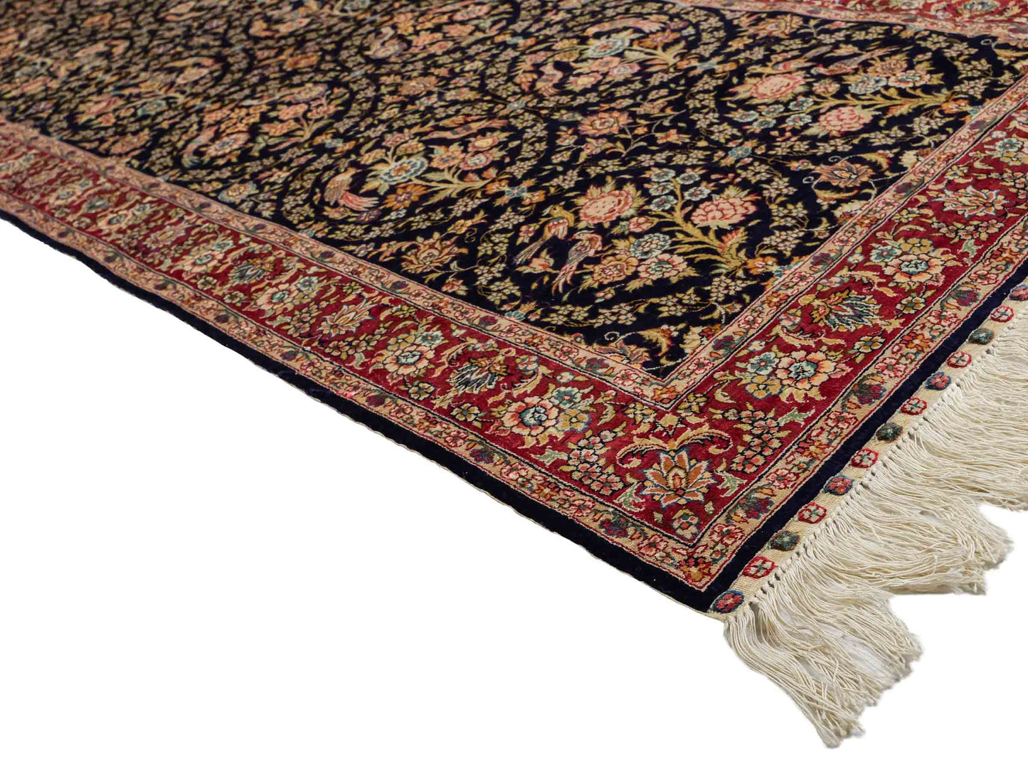 Sehr feiner, handgeknüpfter Khademi Orientteppich Läufer mit Ghom Design aus reiner Seide, blau, rot. 240x80 cm. Vertrieb durch Jupiter Intl.