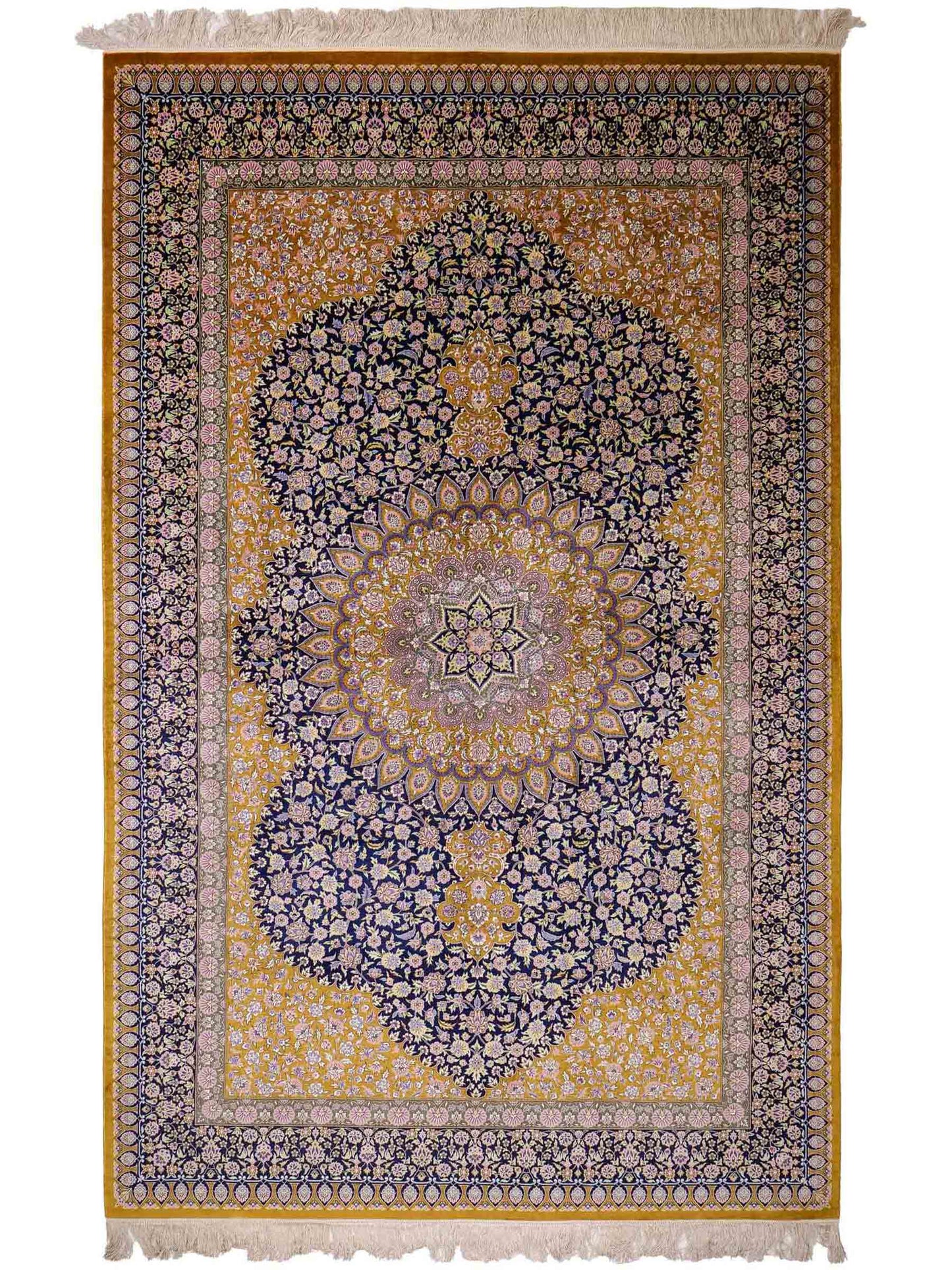 Sehr feiner, handgeknüpfter Khademi Orientteppich mit Ghom Design aus reiner Seide, oliv, blau, braun. 245x155 cm. Vertrieb durch Jupiter Intl.