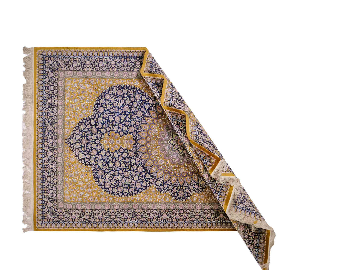 Sehr feiner, handgeknüpfter Khademi Orientteppich mit Ghom Design aus reiner Seide, oliv, blau, braun. 245x155 cm. Vertrieb durch Jupiter Intl.