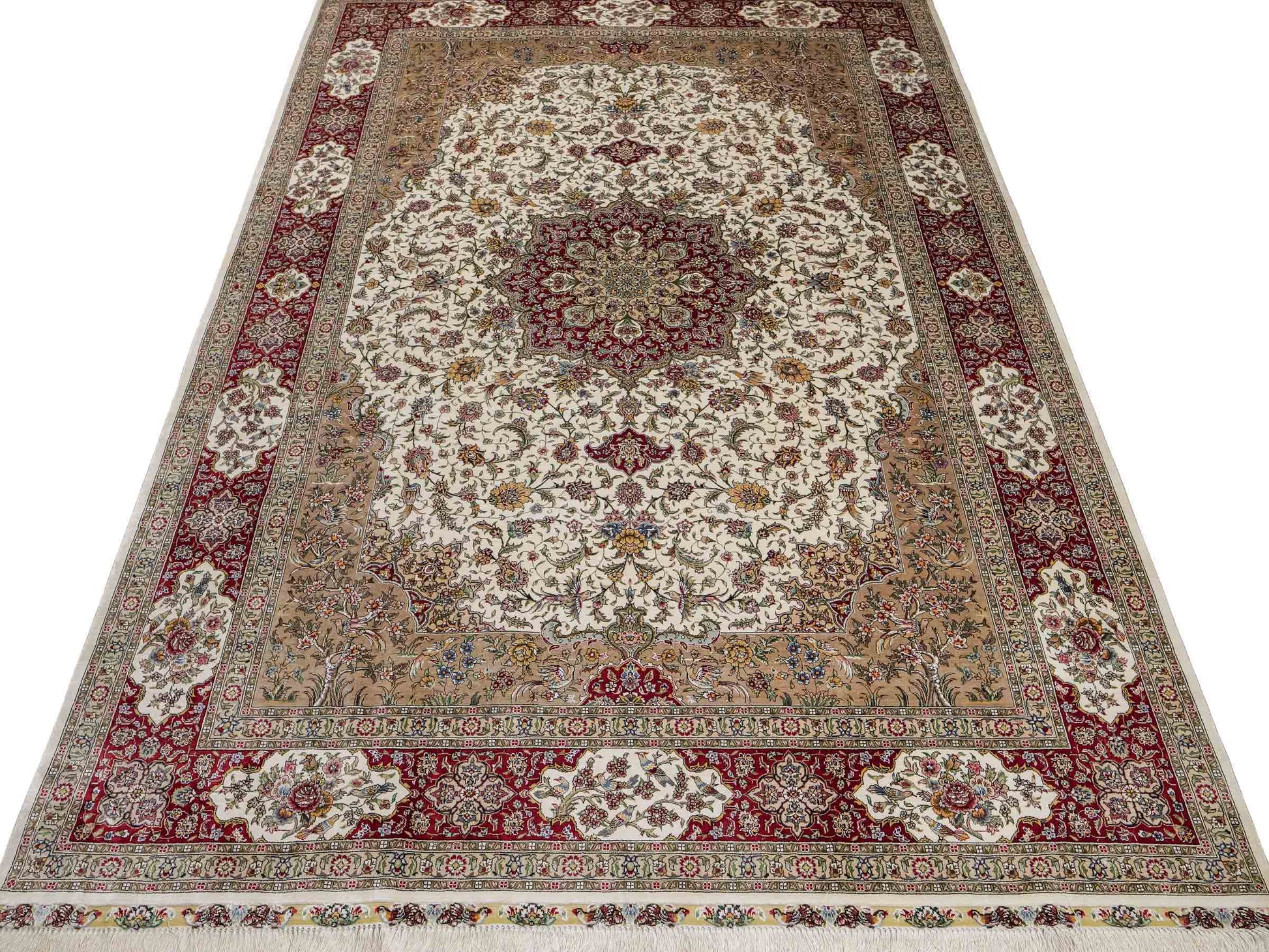 Sehr feiner, handgeknüpfter Khademi Orientteppich mit Ghom Design aus reiner Seide, creme, weiß, rot. 246x173 cm. Vertreib durch Jupiter Intl.