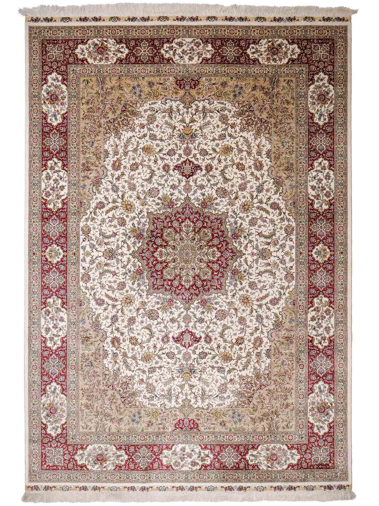Sehr feiner, handgeknüpfter Khademi Orientteppich mit Ghom Design aus reiner Seide, creme, weiß, rot. 247x173 cm. Vertrieb durch Jupiter Intl.