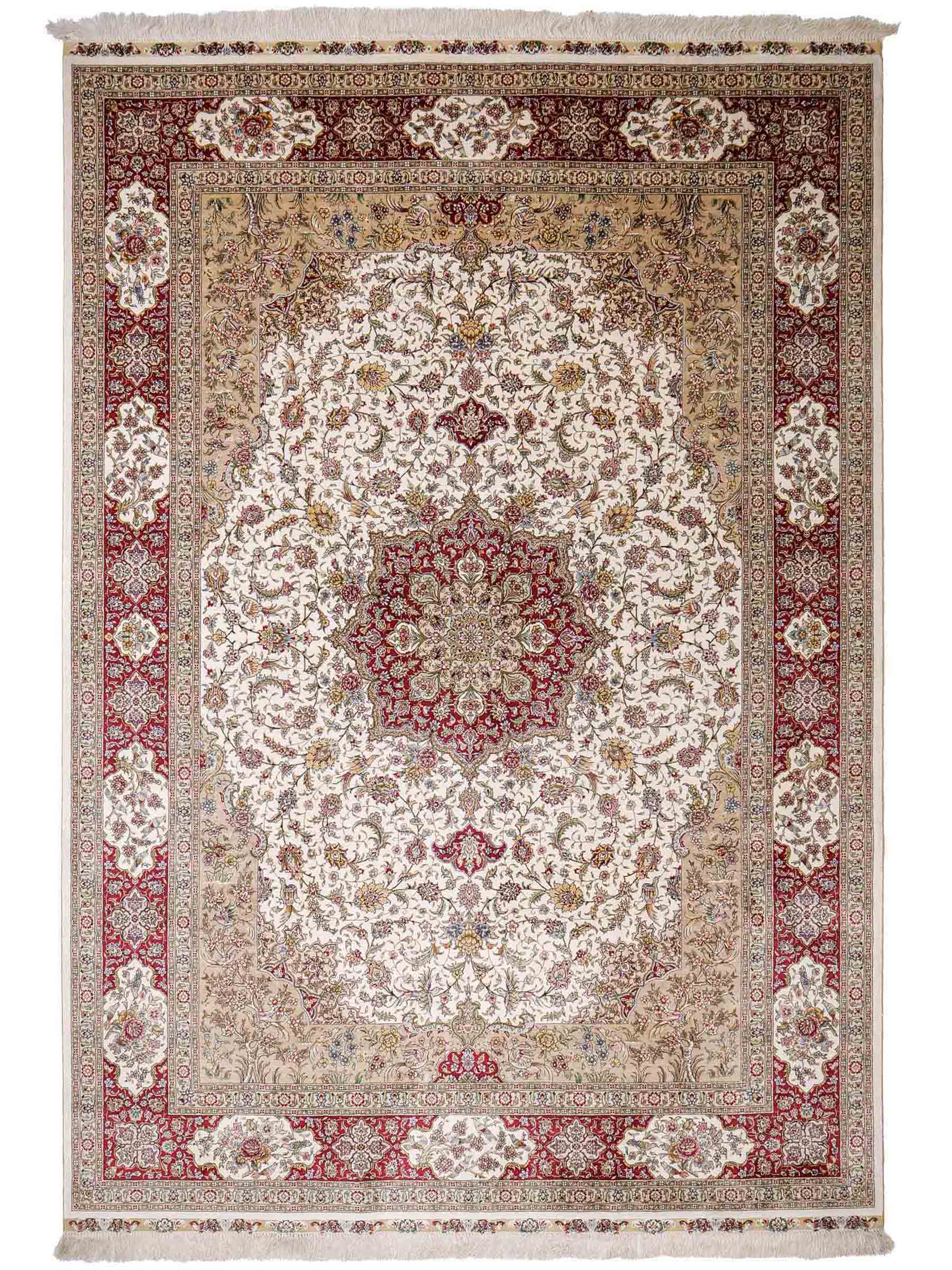 Sehr feiner, handgeknüpfter Khademi Orientteppich mit Ghom Design aus reiner Seide, creme, weiß, rot. 247x173 cm. Vertrieb durch Jupiter Intl.