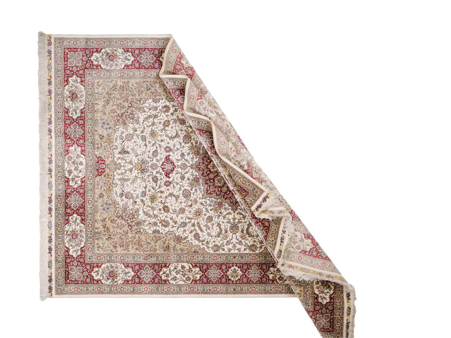 Sehr feiner, handgeknüpfter Khademi Orientteppich mit Ghom Design aus reiner Seide, creme, weiß, rot. 247x173 cm. Vertrieb durch Jupiter Intl.