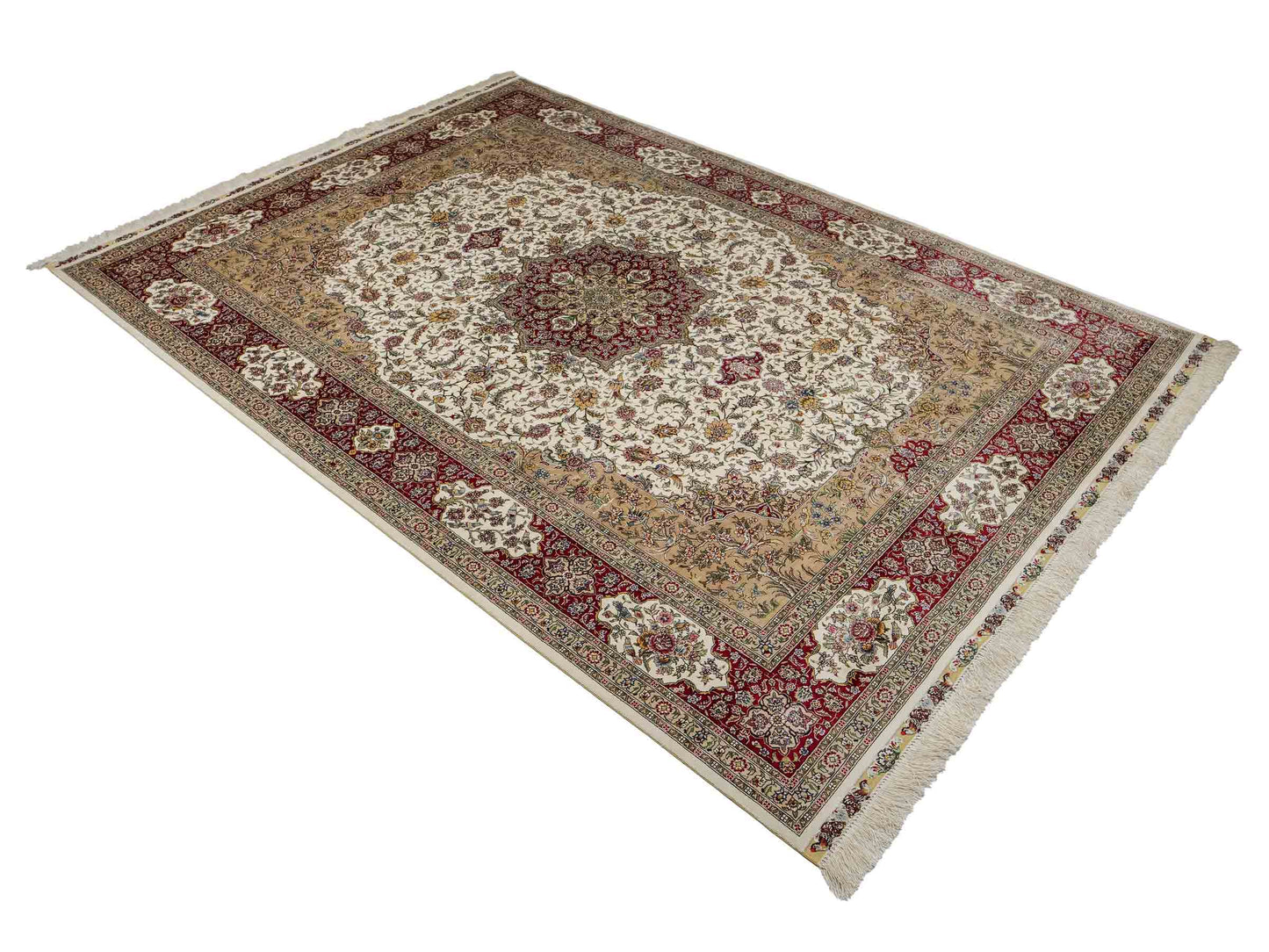 Sehr feiner, handgeknüpfter Khademi Orientteppich mit Ghom Design aus reiner Seide, creme, weiß, rot. 247x173 cm. Vertrieb durch Jupiter Intl.