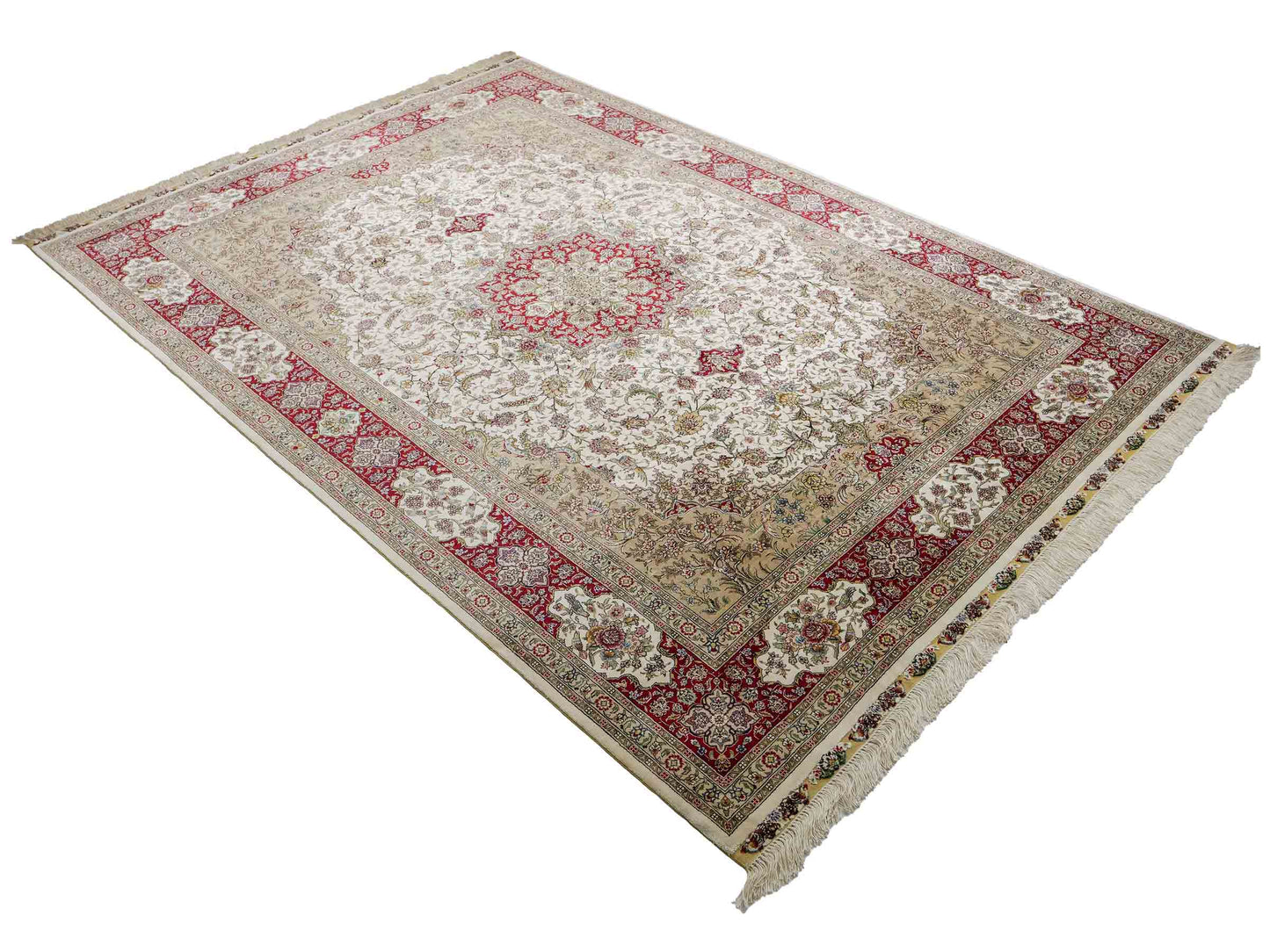 Sehr feiner, handgeknüpfter Khademi Orientteppich mit Ghom Design aus reiner Seide, creme, weiß, rot. 247x173 cm. Vertrieb durch Jupiter Intl.