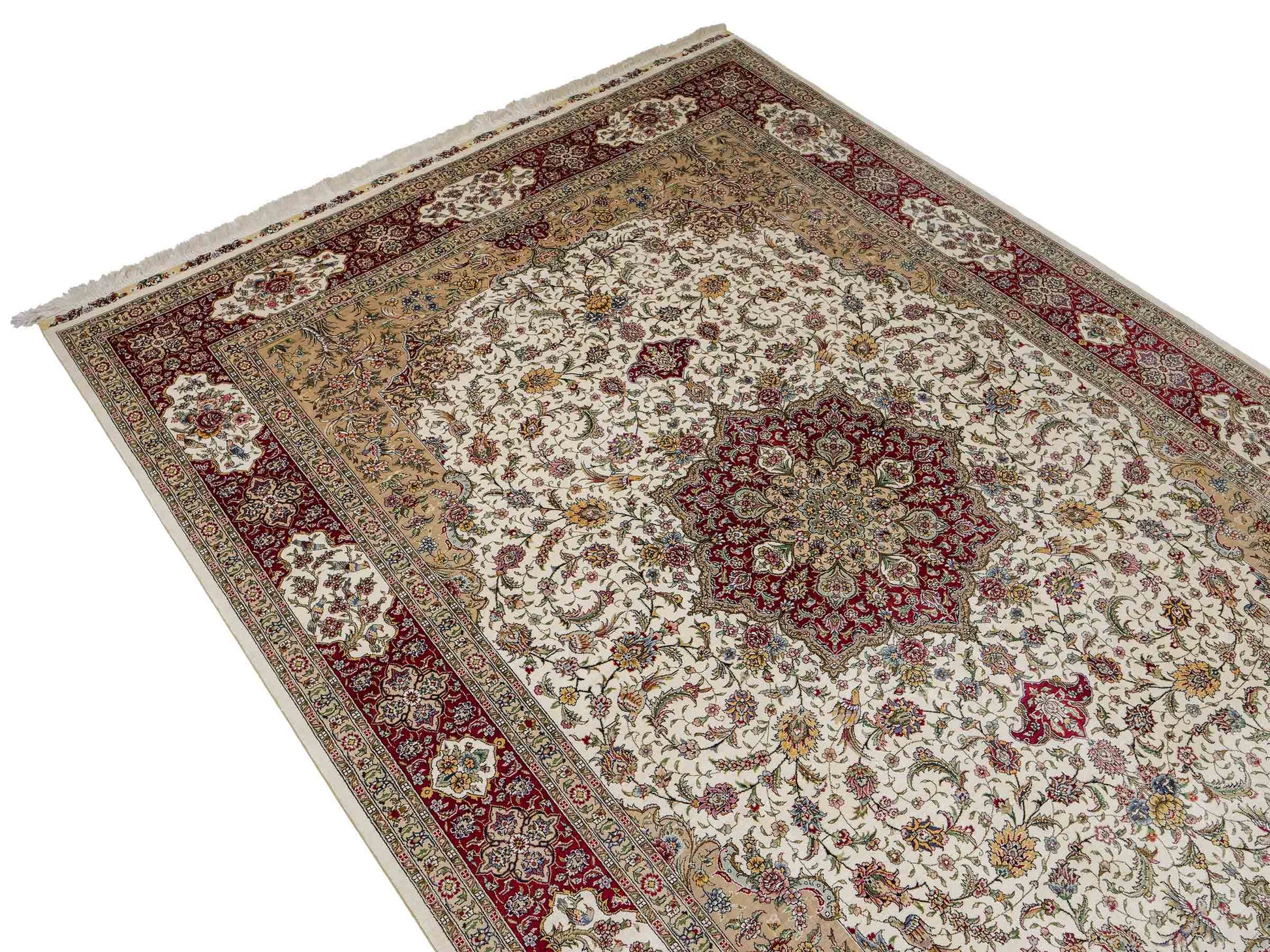 Sehr feiner, handgeknüpfter Khademi Orientteppich mit Ghom Design aus reiner Seide, creme, weiß, rot. 247x173 cm. Vertrieb durch Jupiter Intl.