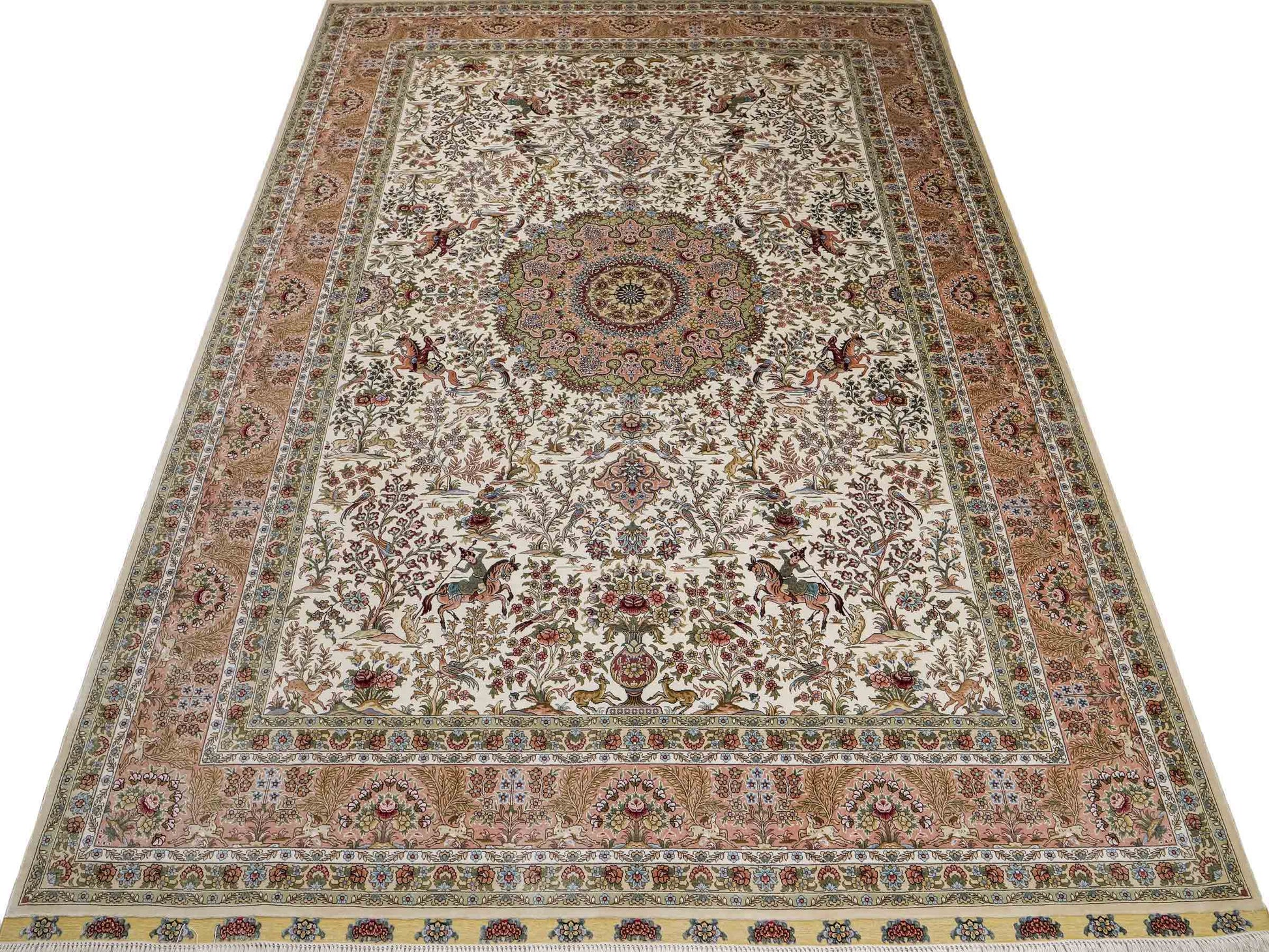 Sehr feiner, handgeknüpfter Khademi Orientteppich mit Ghom Design aus reiner Seide, creme, weiß. 248x172 cm. Vertrieb durch Jupiter Intl.