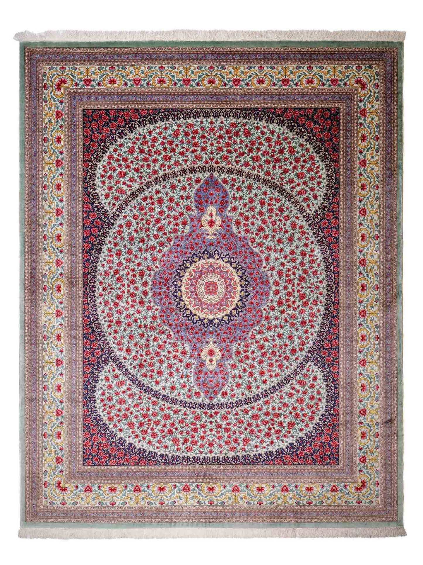 Sehr feiner, handgeknüpfter Khademi Orientteppich mit Ghom Design aus reiner Seide, blau, rot, türkis, grün. 259x205 cm. Vertrieb durch Jupiter Intl.