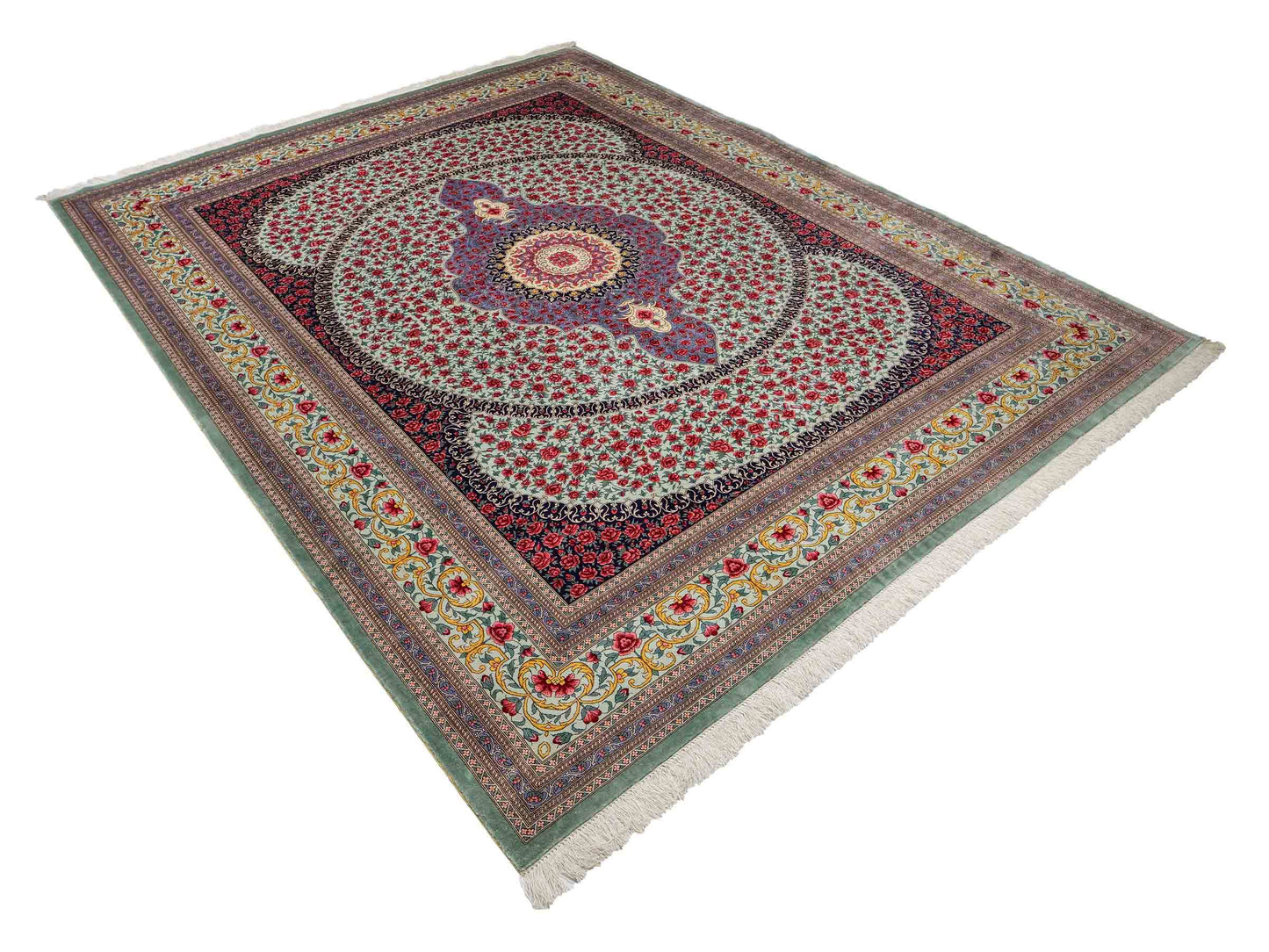 Sehr feiner, handgeknüpfter Khademi Orientteppich mit Ghom Design aus reiner Seide, blau, rot, türkis, grün. 259x205 cm. Vertrieb durch Jupiter Intl.