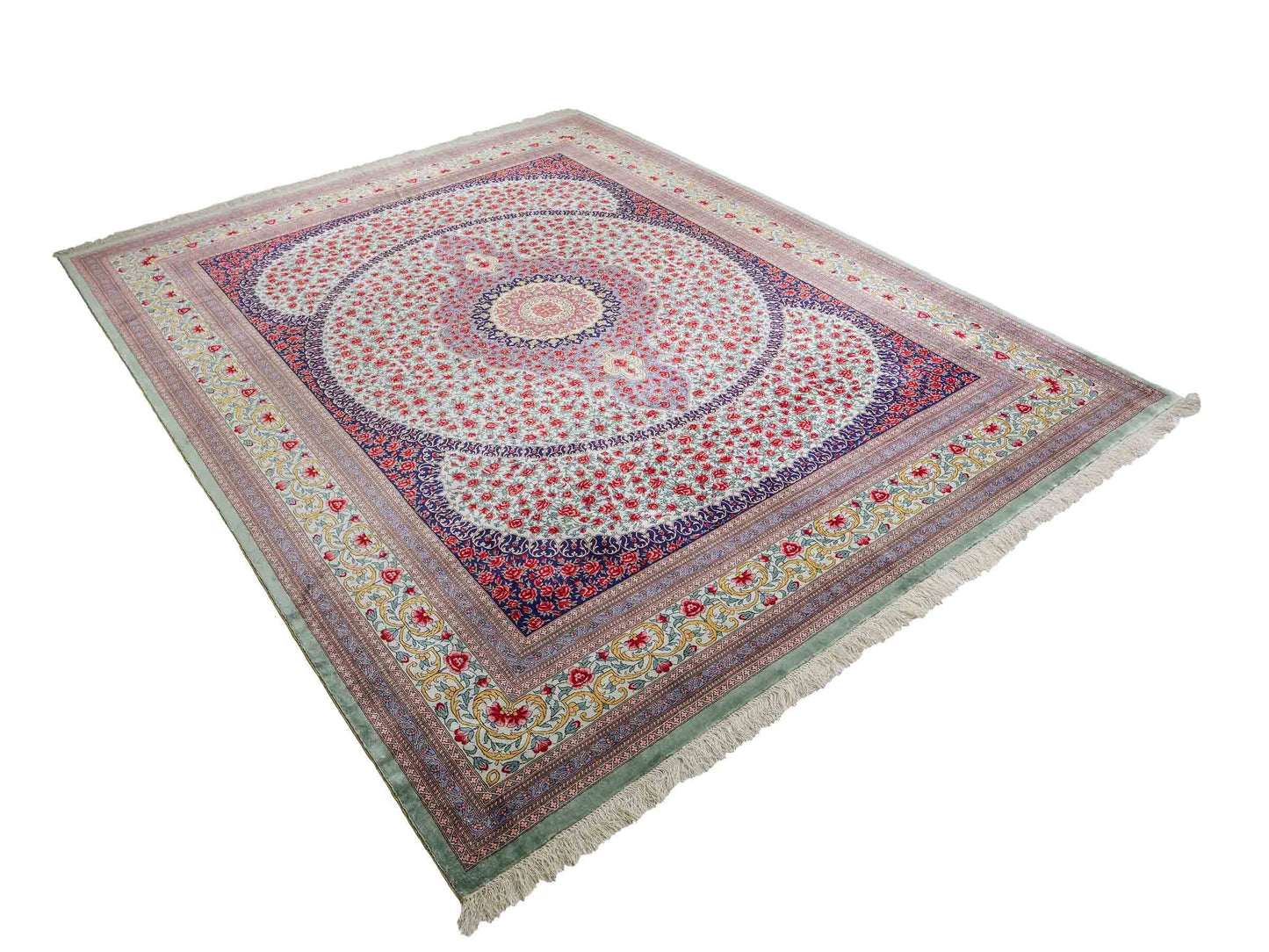 Sehr feiner, handgeknüpfter Khademi Orientteppich mit Ghom Design aus reiner Seide, blau, rot, türkis, grün. 259x205 cm. Vertrieb durch Jupiter Intl.