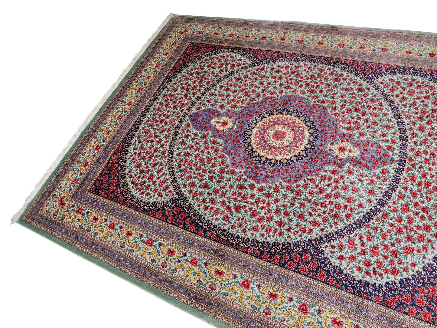 Sehr feiner, handgeknüpfter Khademi Orientteppich mit Ghom Design aus reiner Seide, blau, rot, türkis, grün. 259x205 cm. Vertrieb durch Jupiter Intl.