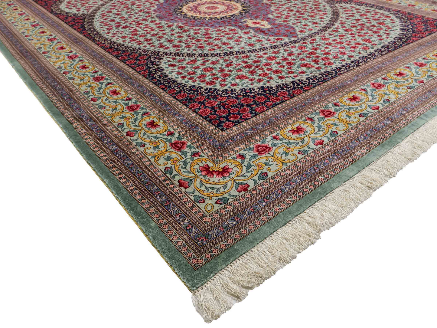 Sehr feiner, handgeknüpfter Khademi Orientteppich mit Ghom Design aus reiner Seide, blau, rot, türkis, grün. 259x205 cm. Vertrieb durch Jupiter Intl.