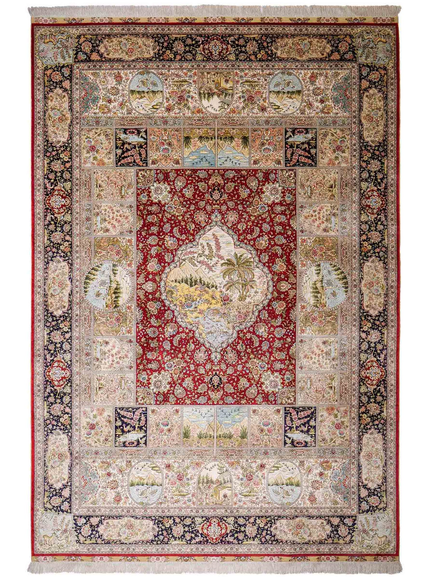 Sehr feiner, handgeknüpfter Khademi Orientteppich mit Ghom Design aus reiner Seide, rot, blau, creme, multicolor. 278x189 cm. Vertrieb durch Jupiter Intl.