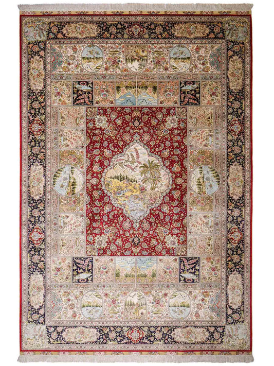 Sehr feiner, handgeknüpfter Khademi Orientteppich mit Ghom Design aus reiner Seide, rot, blau, creme, multicolor. 278x189 cm. Vertrieb durch Jupiter Intl.