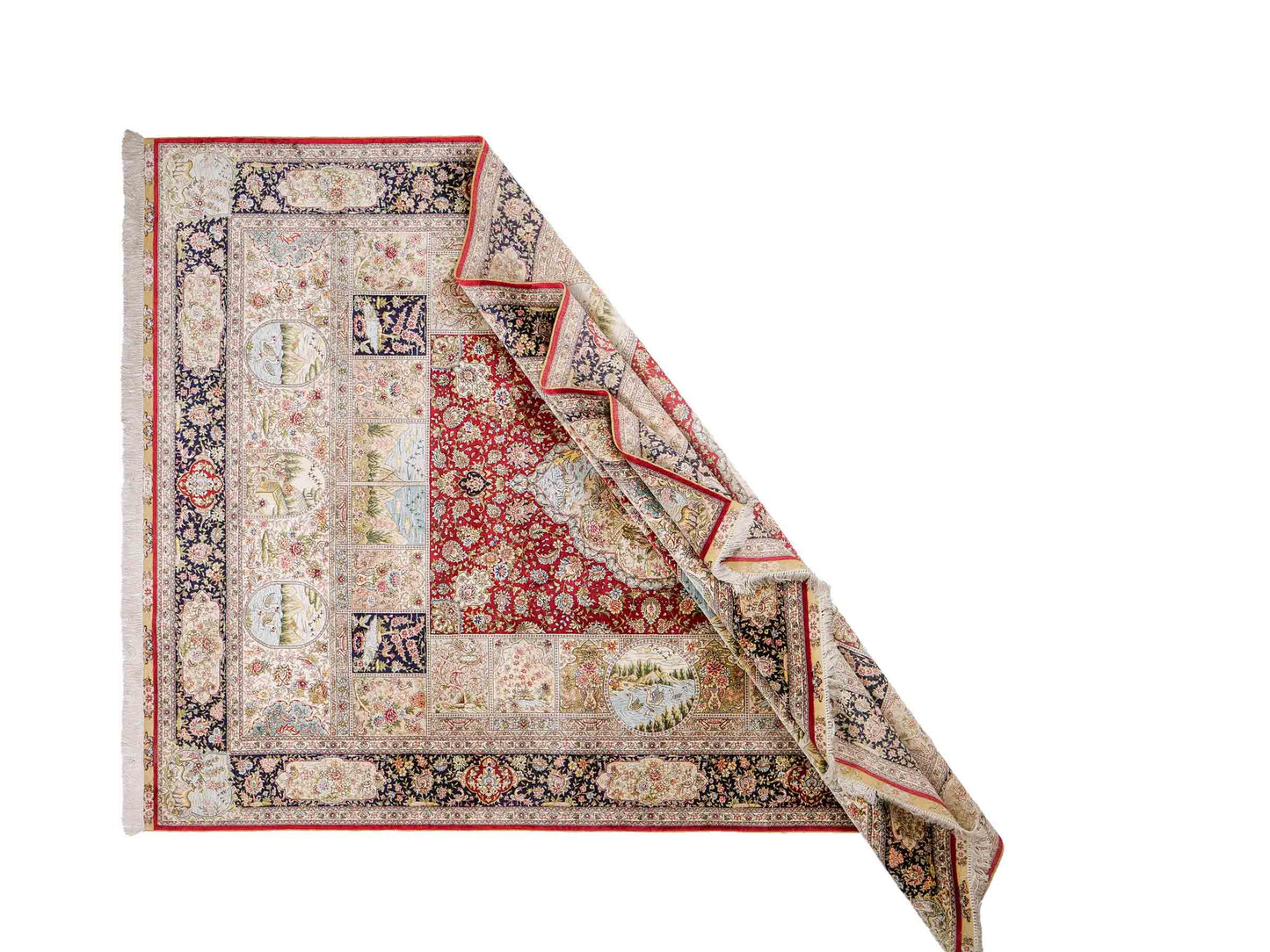 Sehr feiner, handgeknüpfter Khademi Orientteppich mit Ghom Design aus reiner Seide, rot, blau, creme, multicolor. 278x189 cm. Vertrieb durch Jupiter Intl.