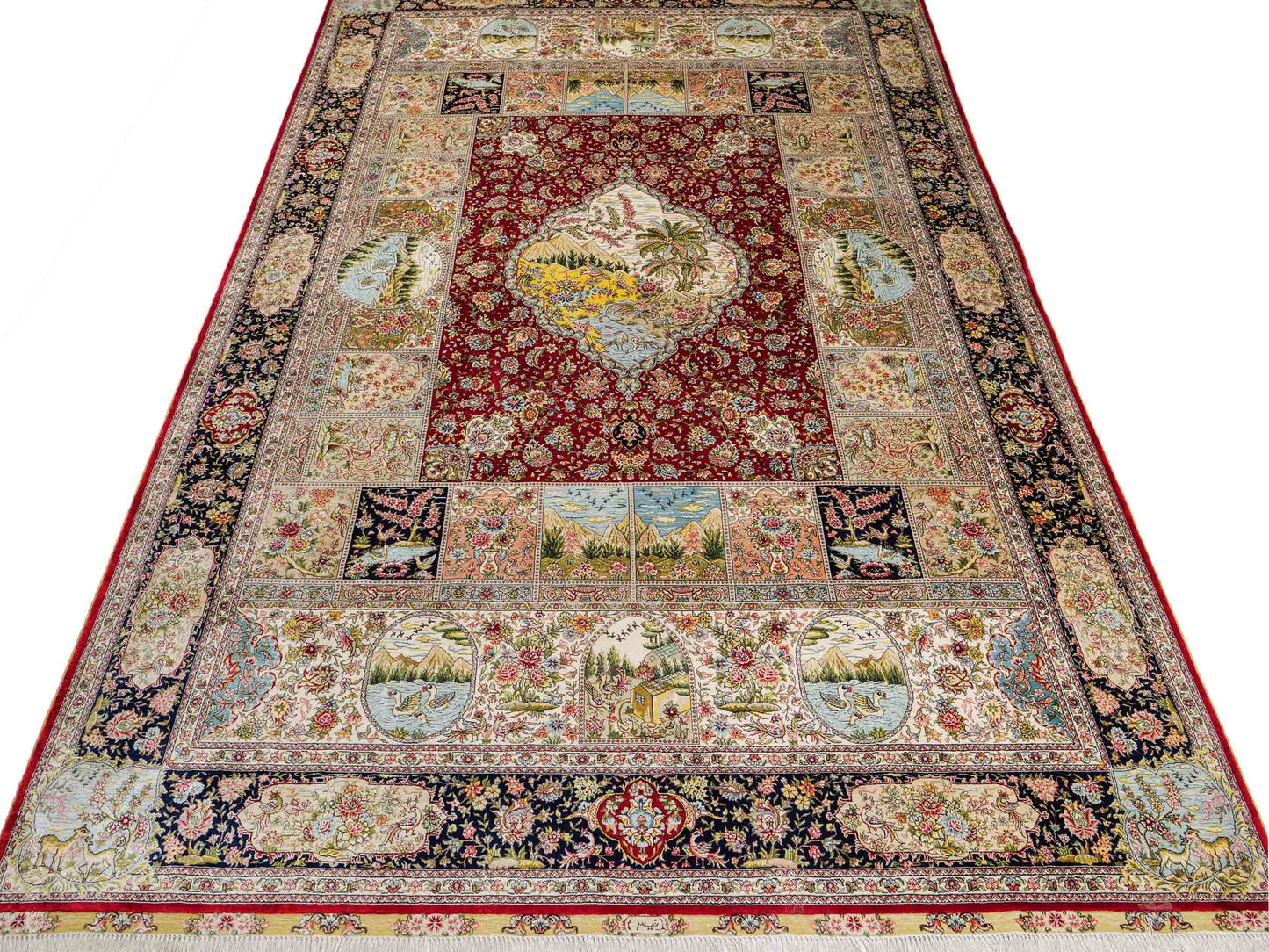 Sehr feiner, handgeknüpfter Khademi Orientteppich mit Ghom Design aus reiner Seide, rot, blau, creme, multicolor. 278x189 cm. Vertrieb durch Jupiter Intl.