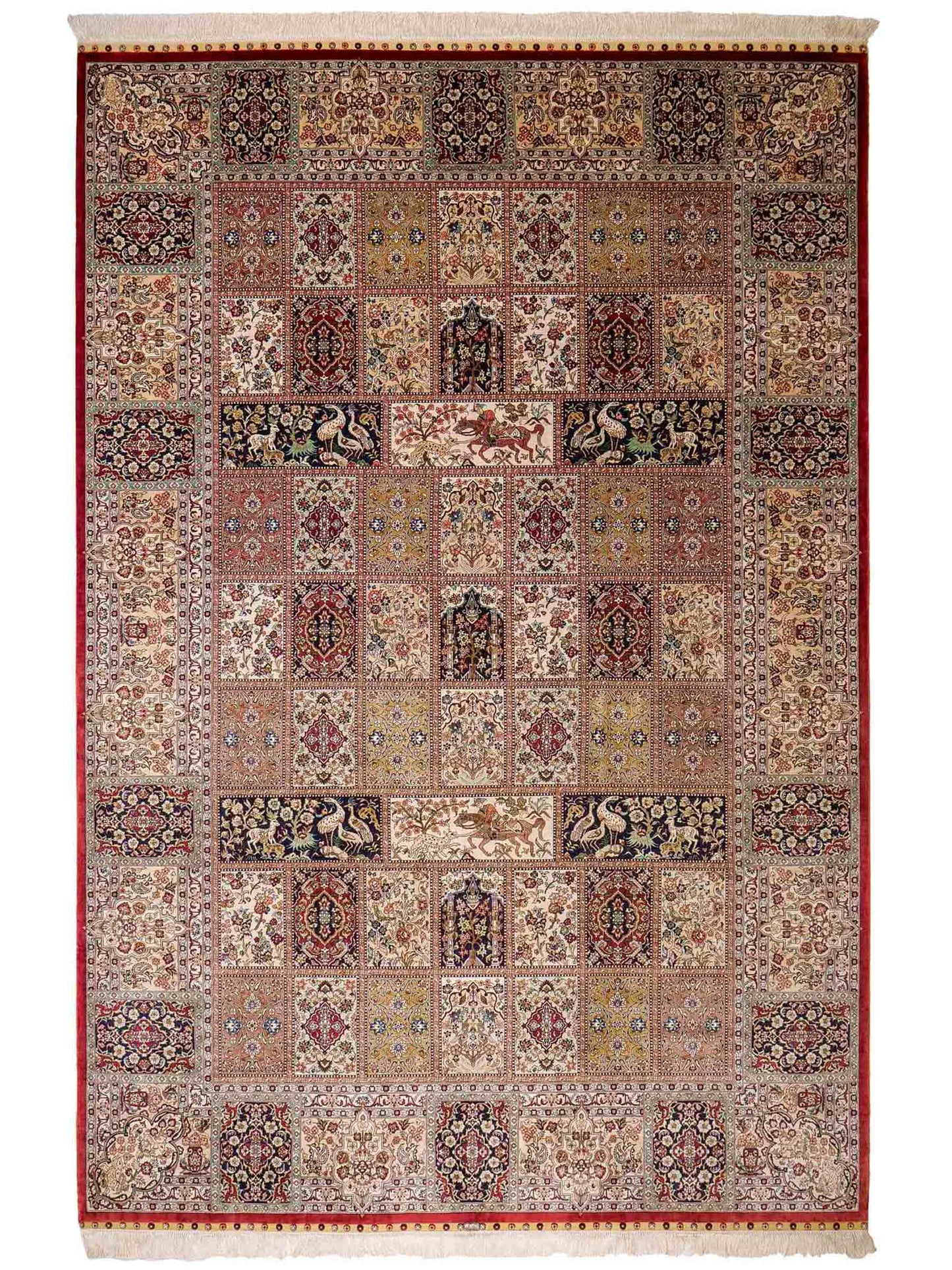 Sehr feiner, handgeknüpfter Khademi Orientteppich mit Ghom Design aus reiner Seide, rot, creme, blau, multicolor. 280x186 cm. Vertrieb durch Jupiter Intl.