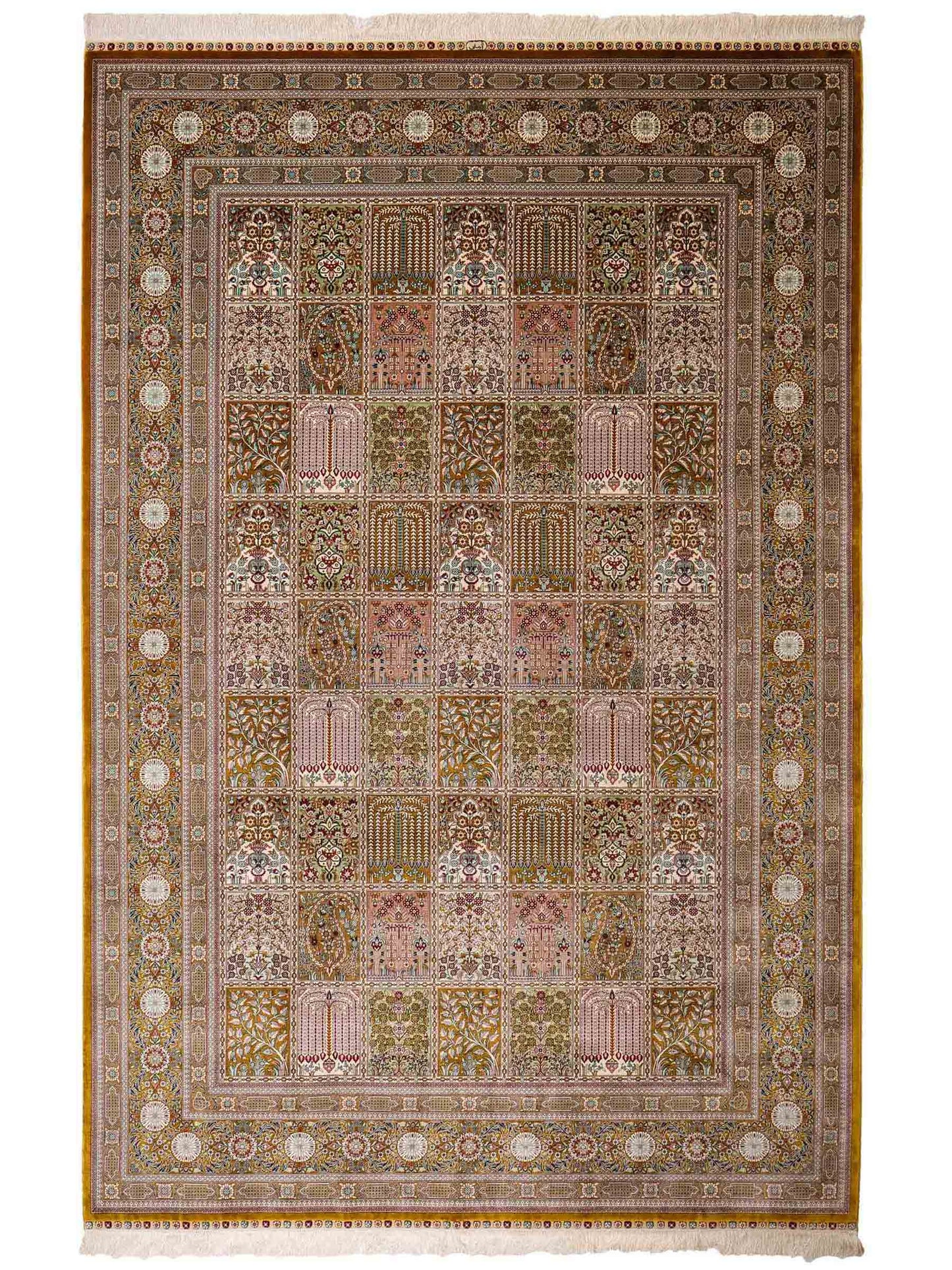 Sehr feiner, handgeknüpfter Khademi Orientteppich mit Ghom Design aus reiner Seide, braun, oliv, multicolor. 287x185 cm. Vertrieb durch Jupiter Intl.