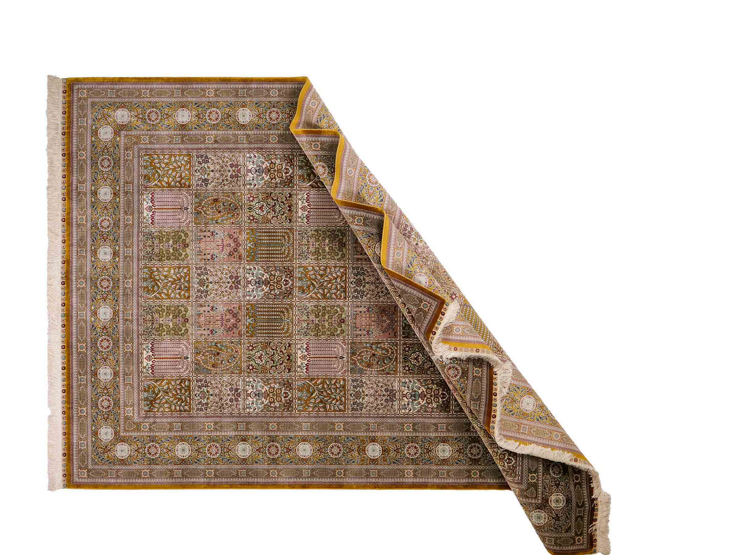 Sehr feiner, handgeknüpfter Khademi Orientteppich mit Ghom Design aus reiner Seide, braun, oliv, multicolor. 287x185 cm. Vertrieb durch Jupiter Intl.