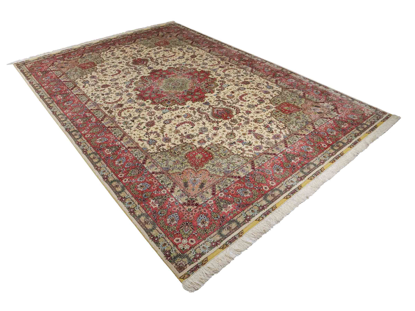 Sehr feiner, handgeknüpfter Khademi Orientteppich mit Ghom Design aus reiner Seide, creme, weiß, rosa. 301x206 cm. Vertrieb durch Jupiter Intl.