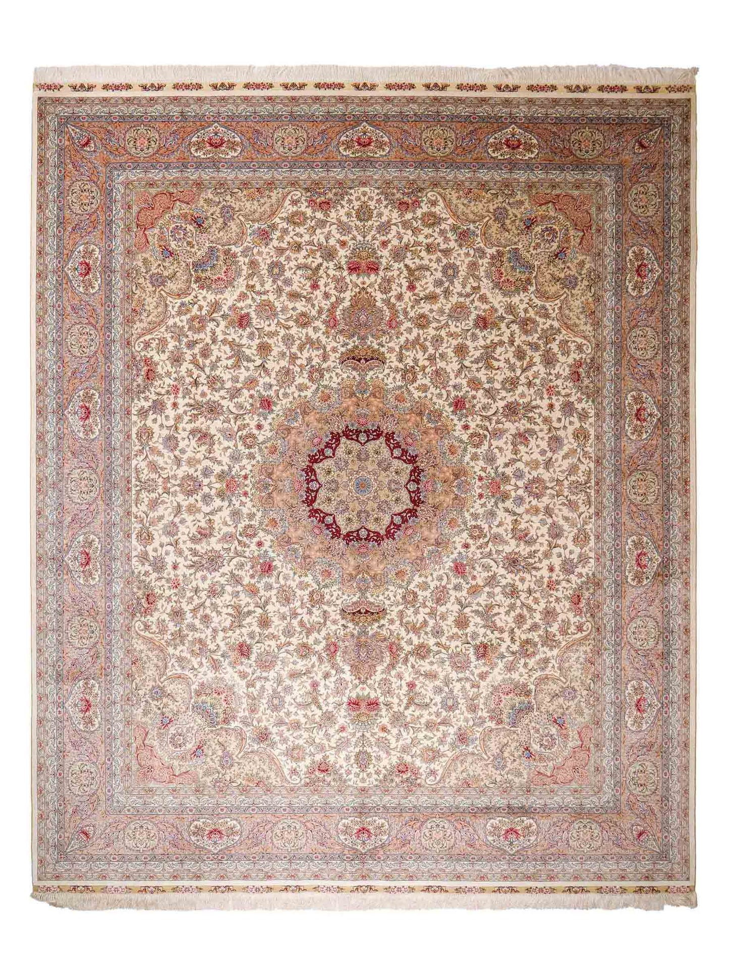 Sehr feiner, handgeknüpfter Khademi Orientteppich mit Ghom Design aus reiner Seide, creme, weiß, rosa. 305x252 cm. Vertrieb durch Jupiter Intl.