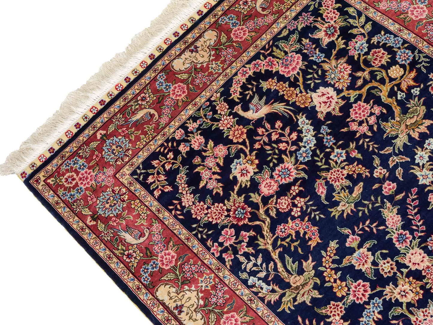 Sehr feiner, handgeknüpfter Khademi Ghom Orientteppich Läufer aus purer Seide, blau, rosa. 308x78 cm. Vertrieb durch Jupiter Intl.