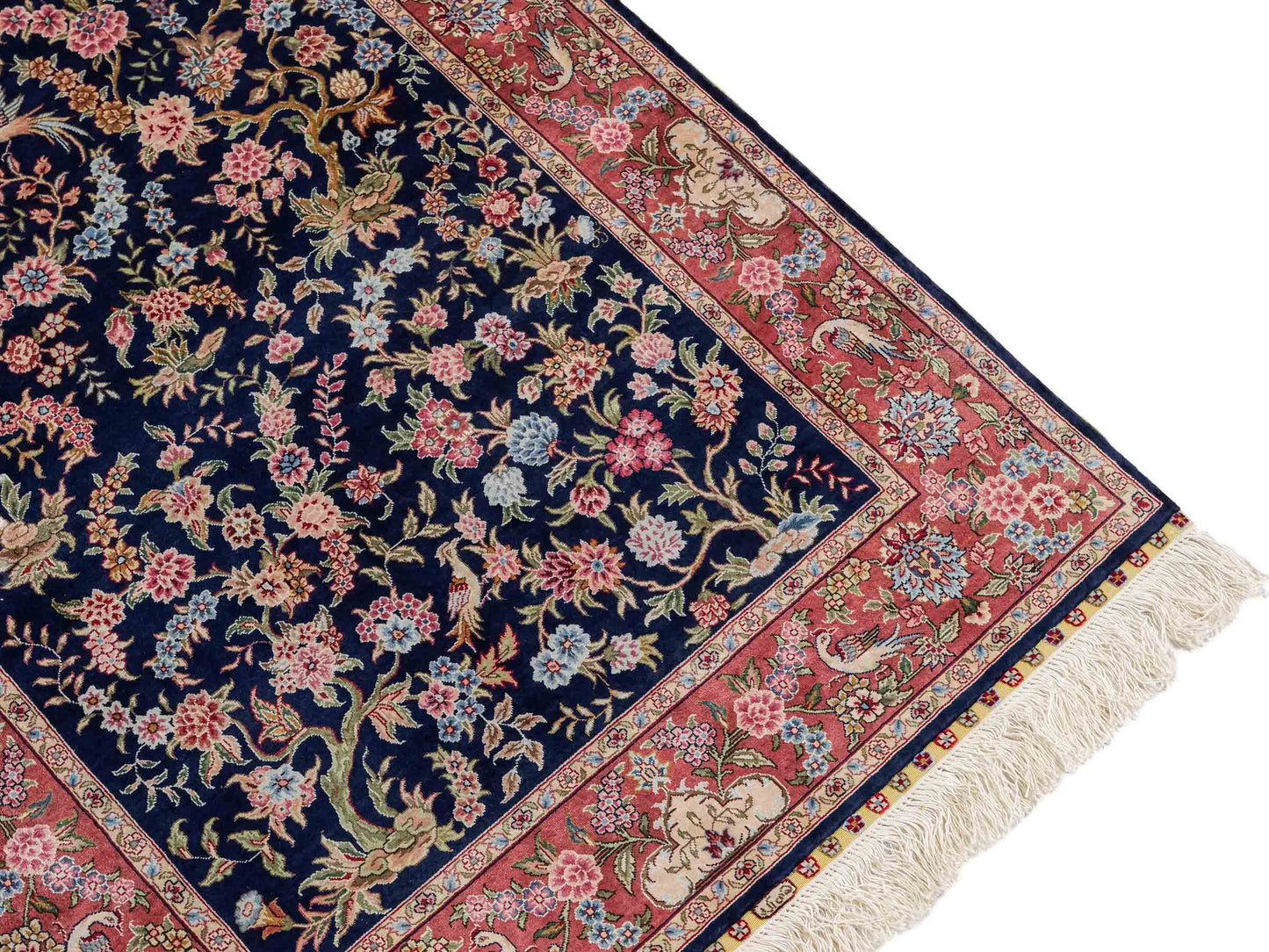 Sehr feiner, handgeknüpfter Khademi Ghom Orientteppich Läufer aus purer Seide, blau, rosa. 308x78 cm. Vertrieb durch Jupiter Intl.