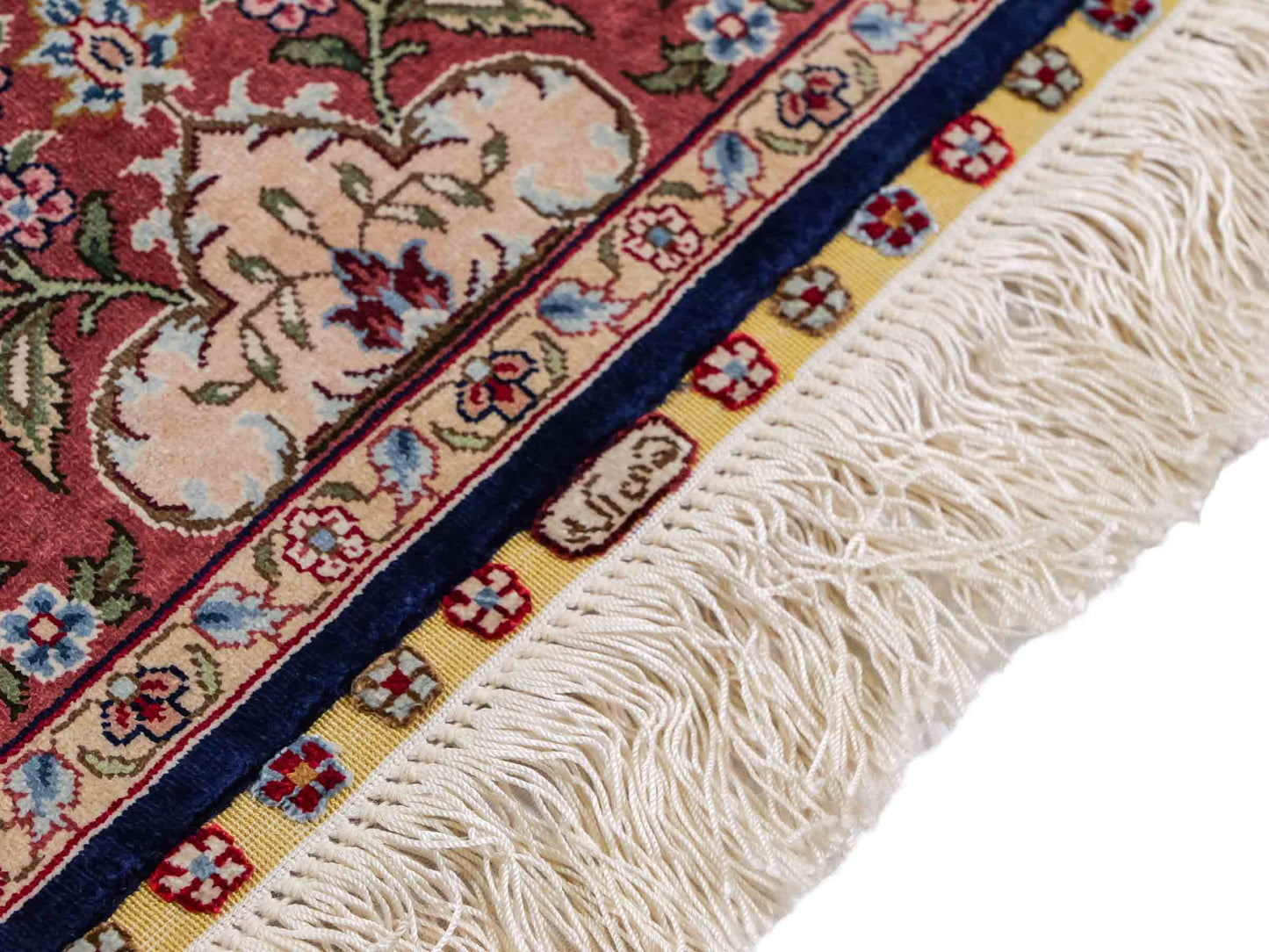 Sehr feiner, handgeknüpfter Khademi Ghom Orientteppich Läufer aus purer Seide, blau, rosa. 308x78 cm. Vertrieb durch Jupiter Intl.