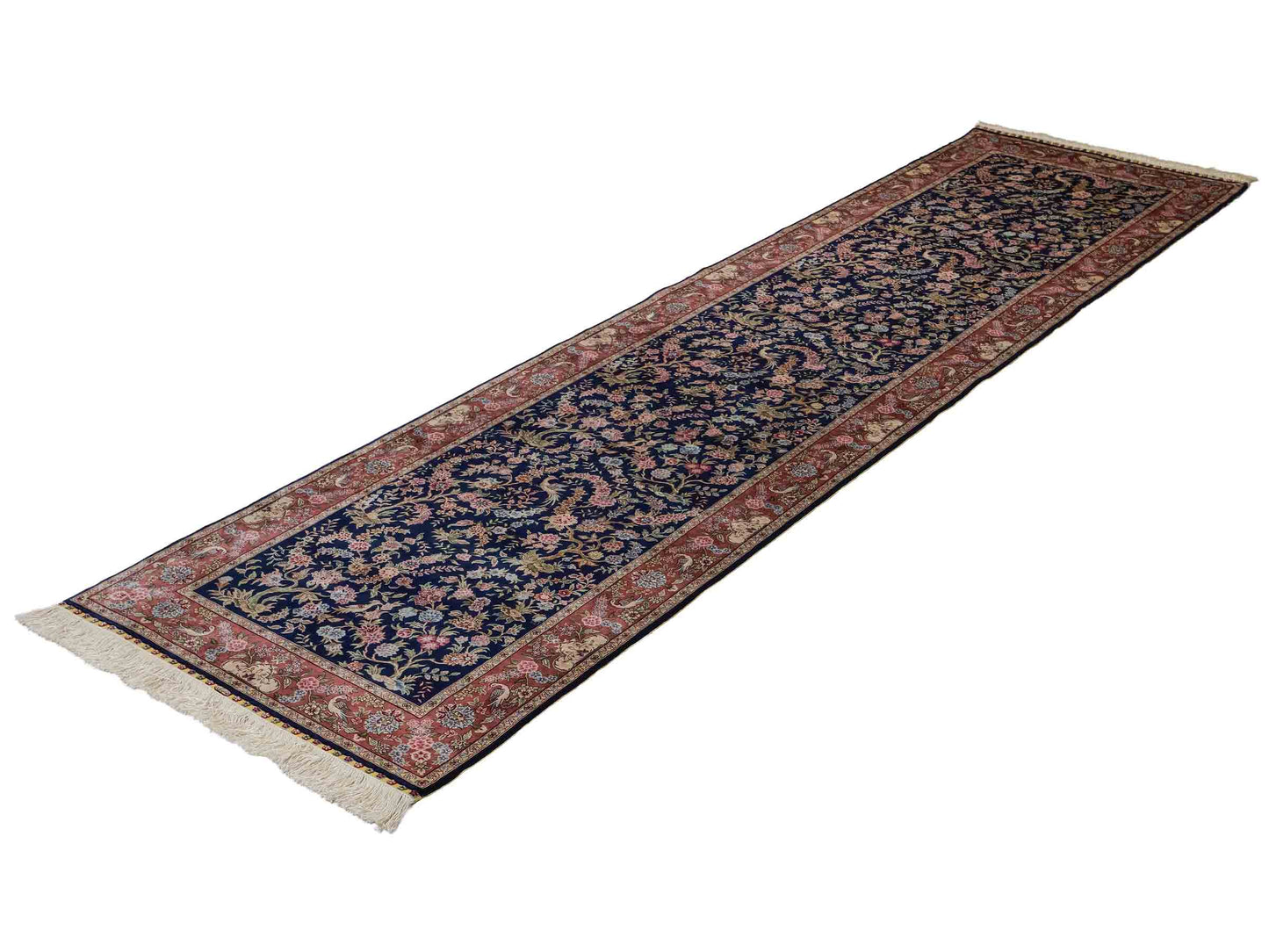 Sehr feiner, handgeknüpfter Khademi Ghom Orientteppich Läufer aus purer Seide, blau, rosa. 308x78 cm. Vertrieb durch Jupiter Intl.