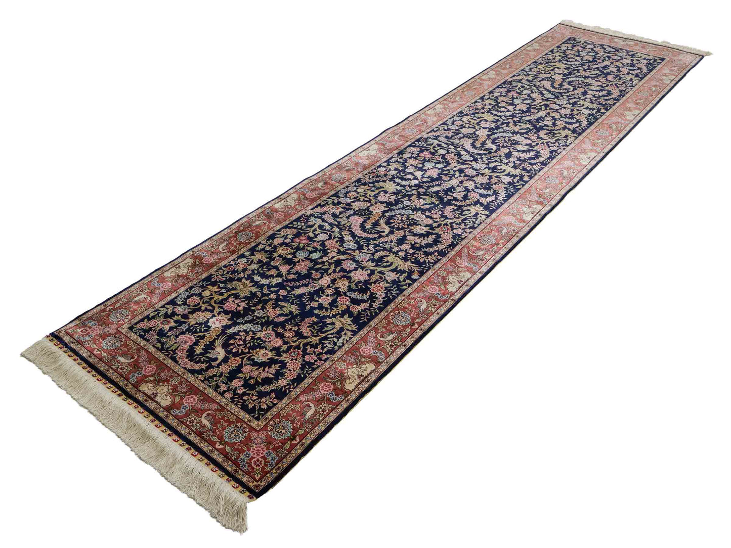 Sehr feiner, handgeknüpfter Khademi Ghom Orientteppich Läufer aus purer Seide, blau, rosa. 308x78 cm. Vertrieb durch Jupiter Intl.