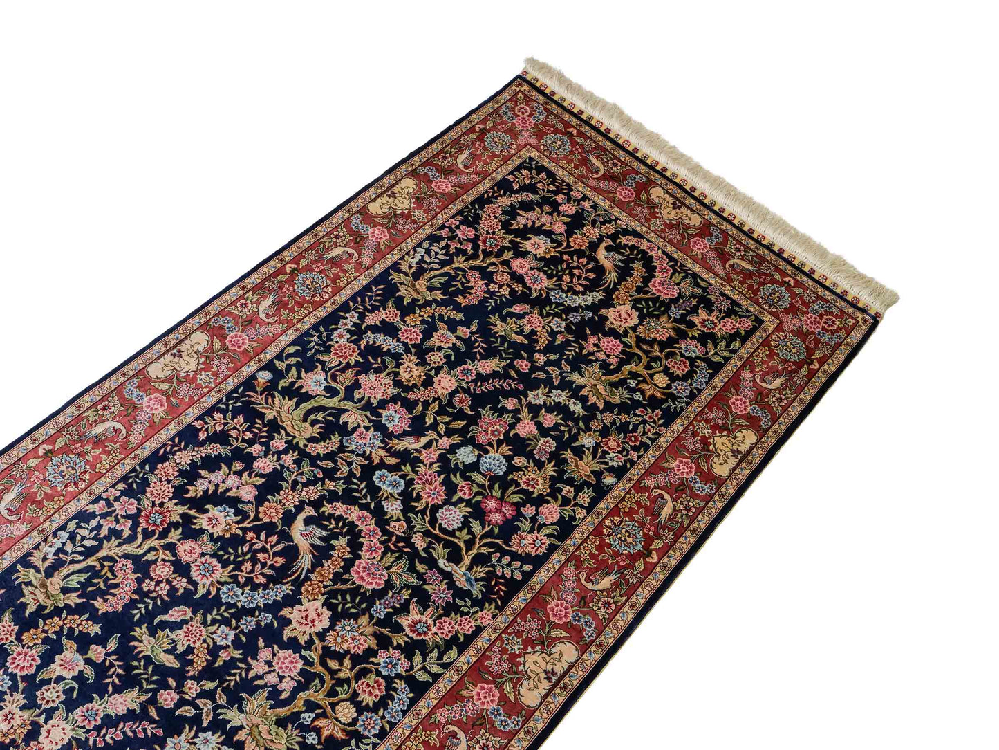 Sehr feiner, handgeknüpfter Khademi Ghom Orientteppich Läufer aus purer Seide, blau, rosa. 308x78 cm. Vertrieb durch Jupiter Intl.