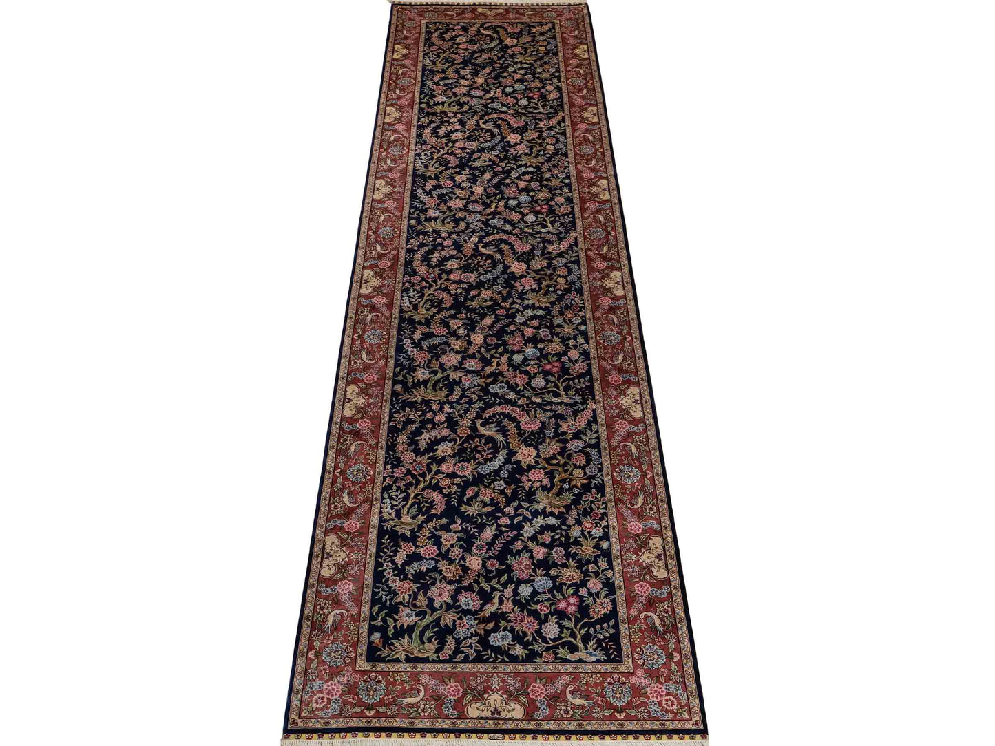 Sehr feiner, handgeknüpfter Khademi Ghom Orientteppich Läufer aus purer Seide, blau, rosa. 308x78 cm. Vertrieb durch Jupiter Intl.