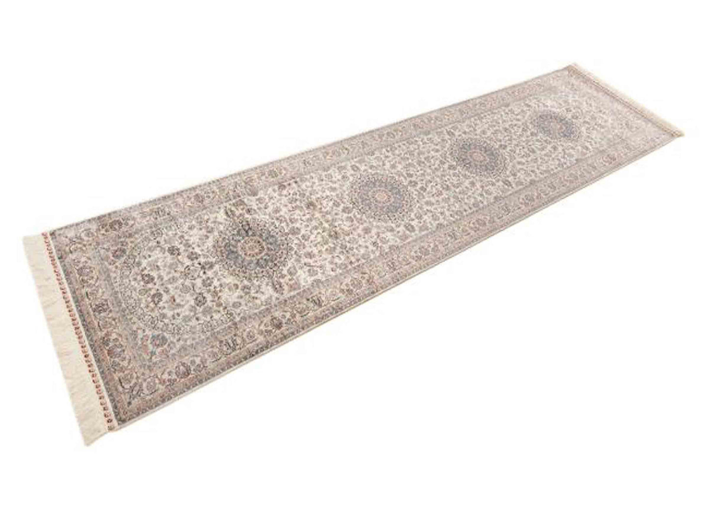 Sehr feiner, handgeknüpfter Khademi Orientteppich mit Ghom Design aus purer Seide, weiß, creme, blau. 310x78 cm. Vertrieb durch Jupiter Intl.