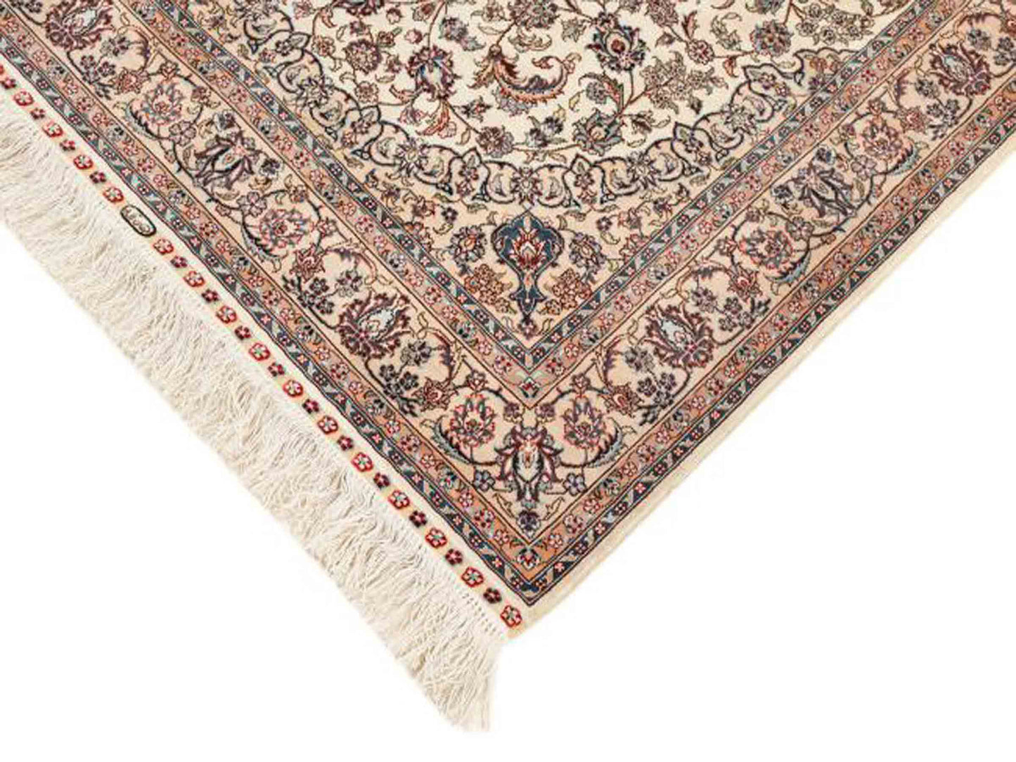Sehr feiner, handgeknüpfter Khademi Orientteppich mit Ghom Design aus purer Seide, weiß, creme, blau. 310x78 cm. Vertrieb durch Jupiter Intl.