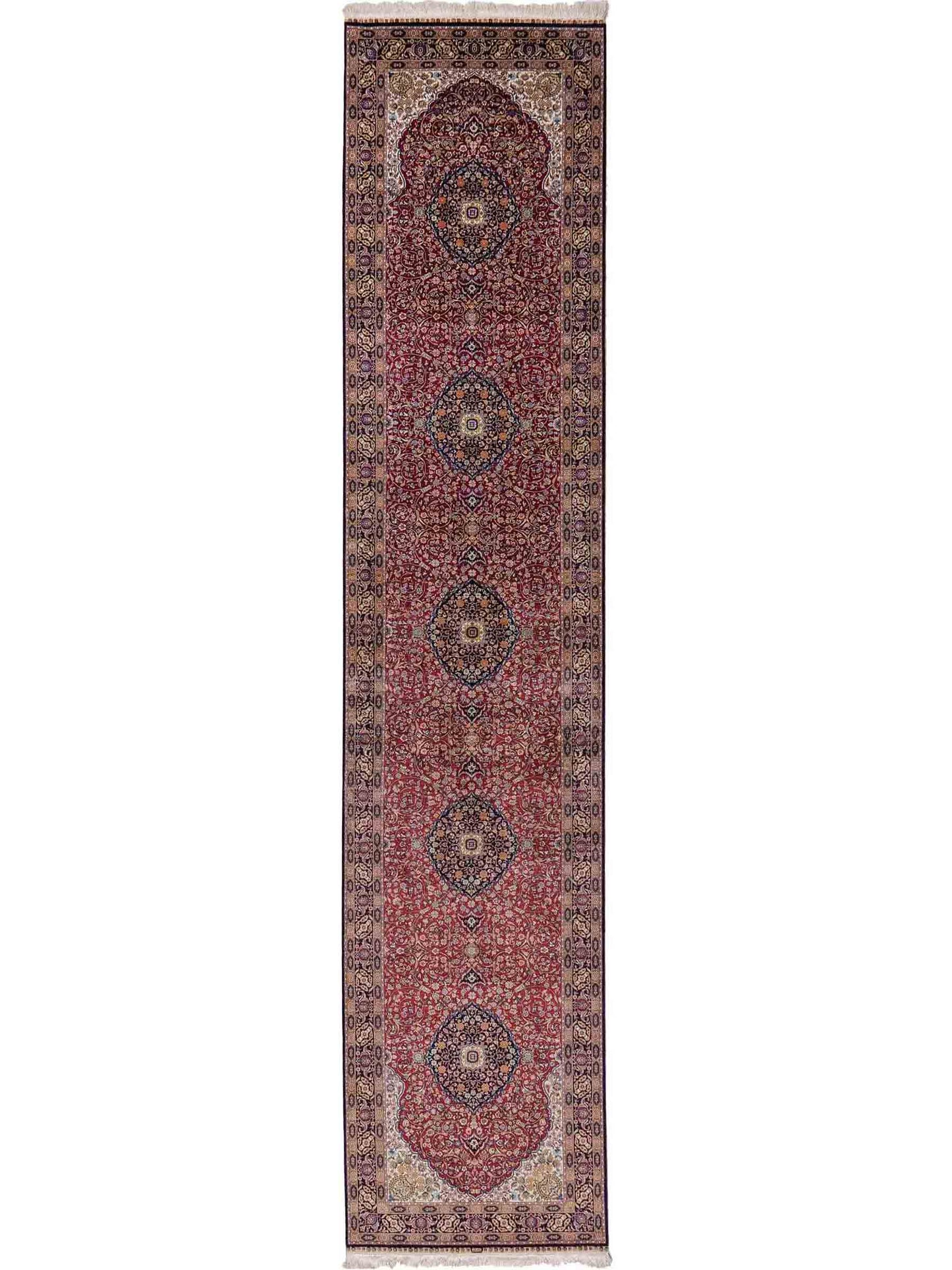 Sehr feiner, handgeknüpfter Khademi Orientteppich Läufer mit Ghom Deisgn aus reiner Seide, rot, blau. 370x79 cm. Vertrieb durch Jupiter Intl.