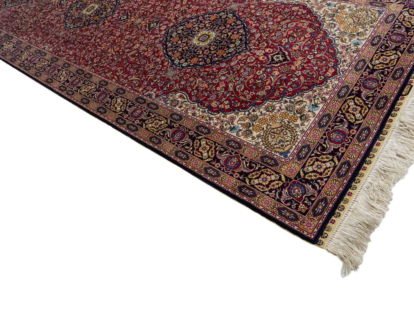 Sehr feiner, handgeknüpfter Khademi Orientteppich Läufer mit Ghom Deisgn aus reiner Seide, rot, blau. 370x79 cm. Vertrieb durch Jupiter Intl.