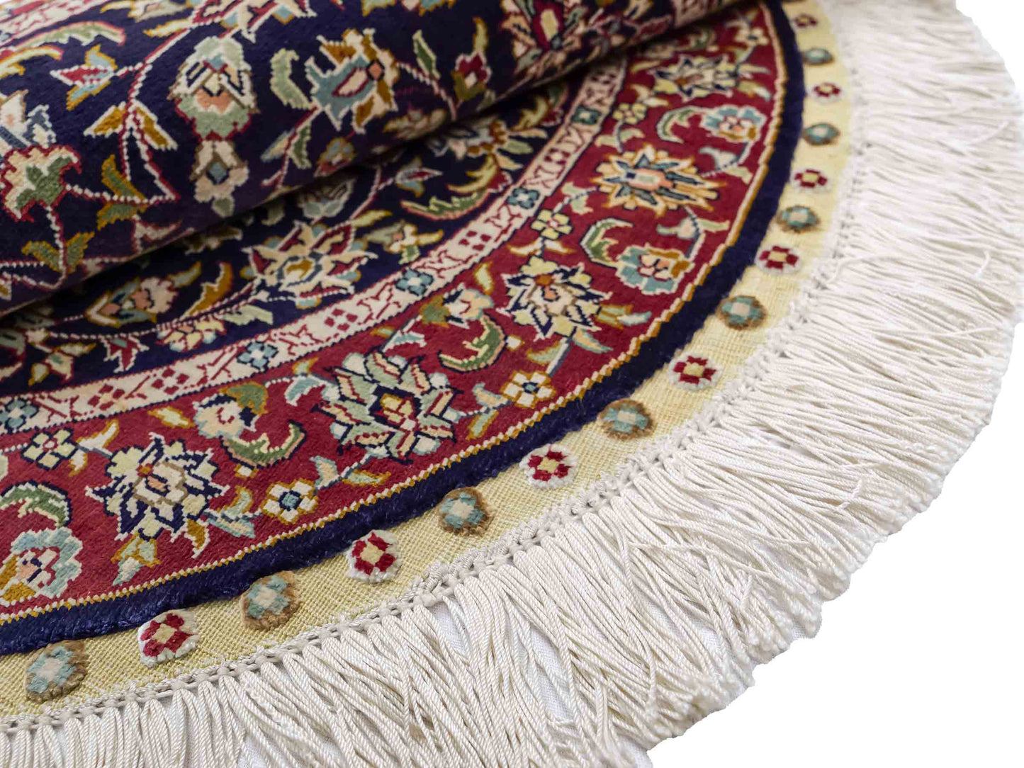 Sehr feiner, handgeknüpfter, runder Khademi Orientteppich mit Ghom Design aus reiner Seide, blau, rot. 61x61 cm. Vertrieb durch Jupiter Intl.
