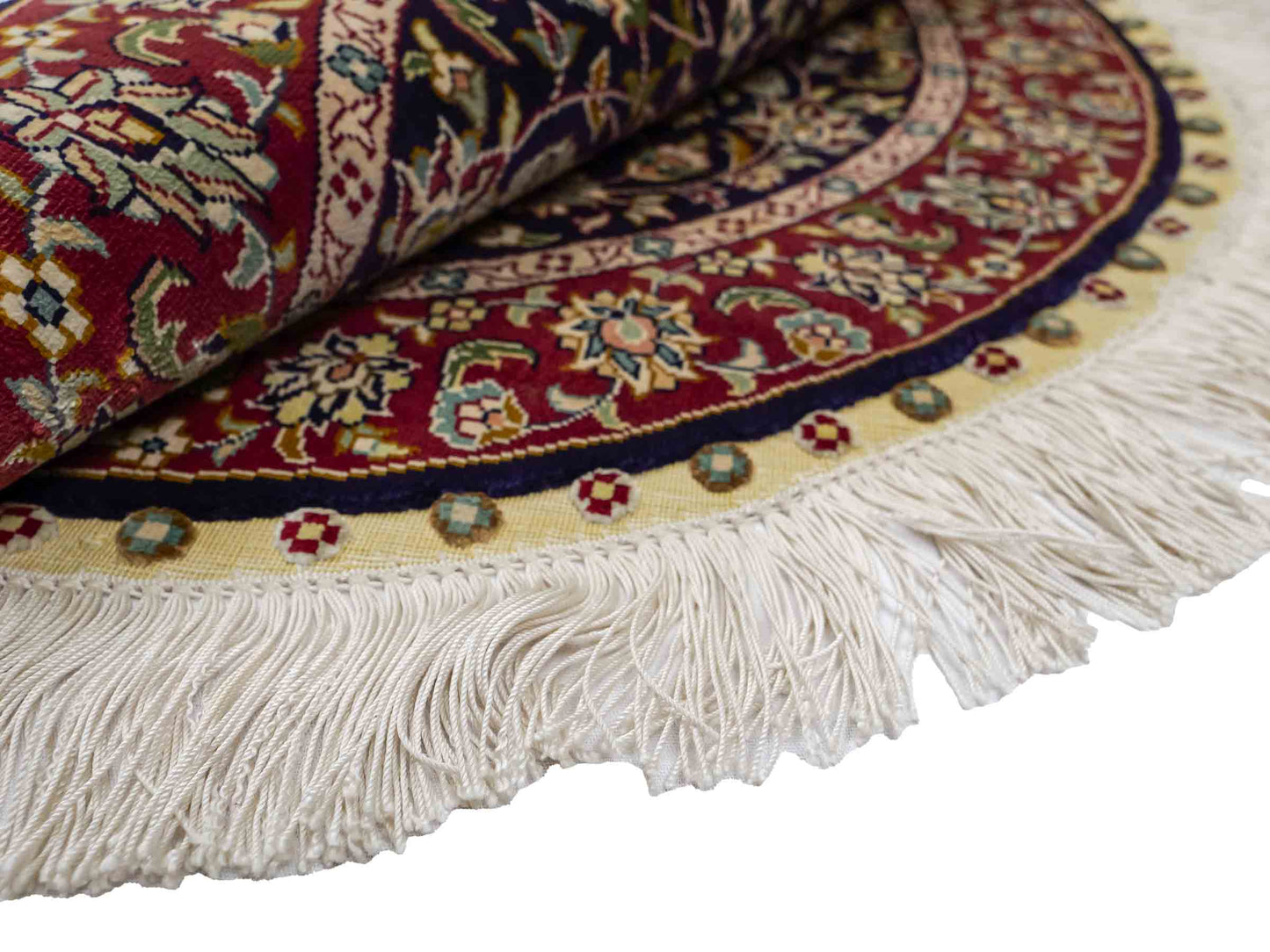 Sehr feiner, handgeknüpfter, runder Khademi Orientteppich mit Ghom Design aus reiner Seide, blau, rot. 61x61 cm. Vertrieb durch Jupiter Intl.