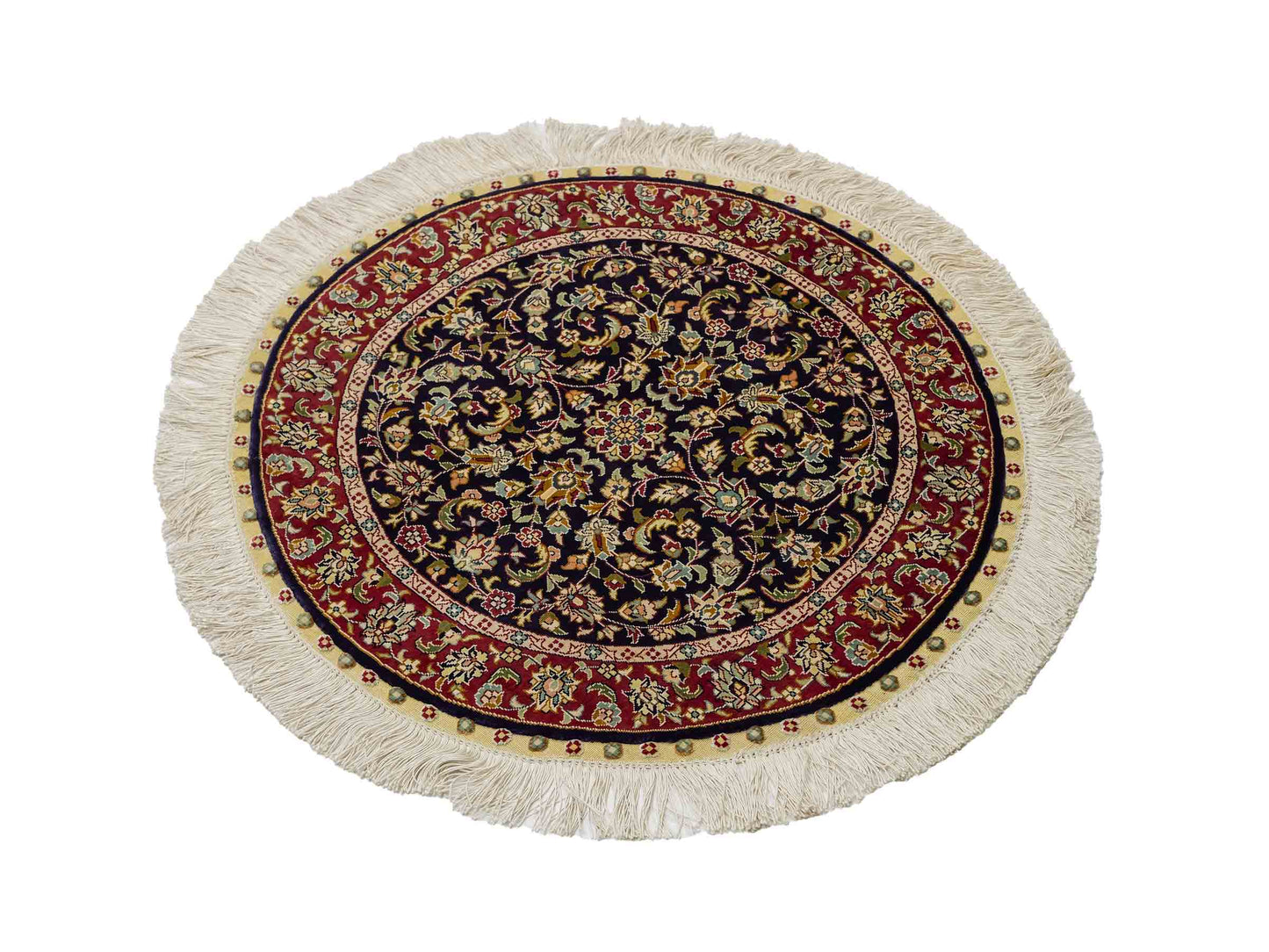 Sehr feiner, handgeknüpfter, runder Khademi Orientteppich mit Ghom Design aus reiner Seide, blau, rot. 61x61 cm. Vertrieb durch Jupiter Intl.