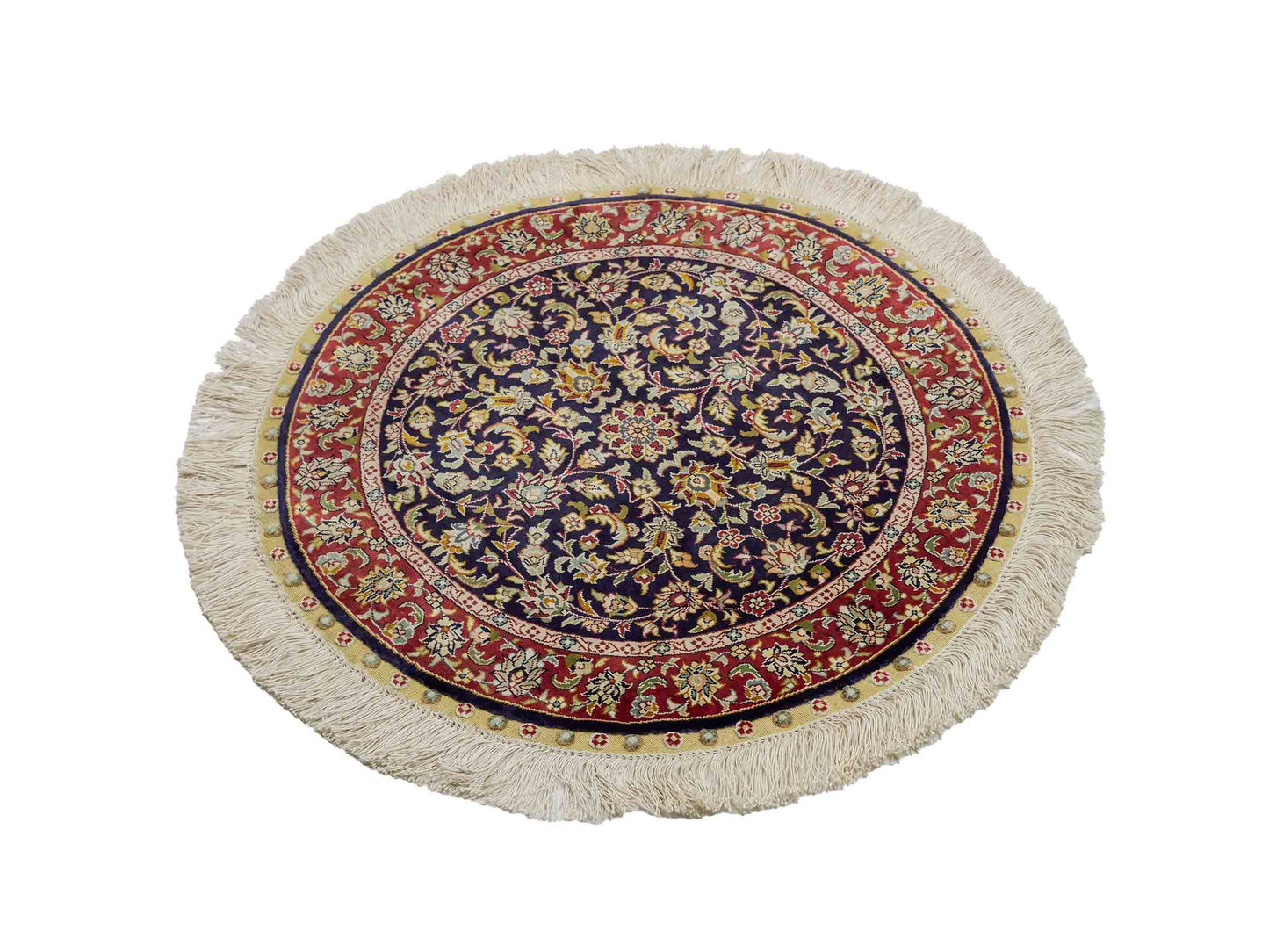 Sehr feiner, handgeknüpfter, runder Khademi Orientteppich mit Ghom Design aus reiner Seide, blau, rot. 61x61 cm. Vertrieb durch Jupiter Intl.