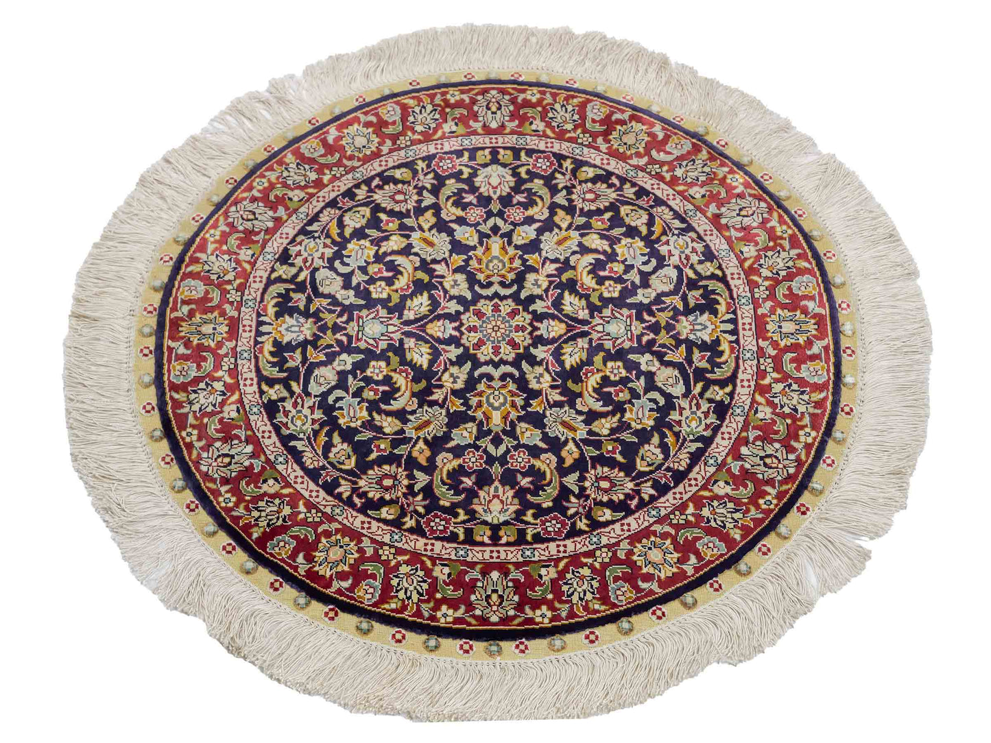 Sehr feiner, handgeknüpfter, runder Khademi Orientteppich mit Ghom Design aus reiner Seide, blau, rot. 61x61 cm. Vertrieb durch Jupiter Intl.