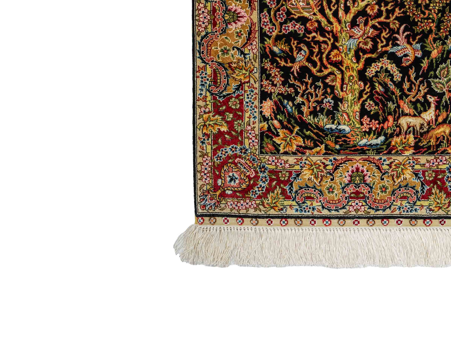 Sehr feiner, handgeknüpfter Khademi Ghom Orientteppich aus reiner Seide, schwarz, gold, rot. 62x48 cm. Vertrieb durch Jupiter Intl.